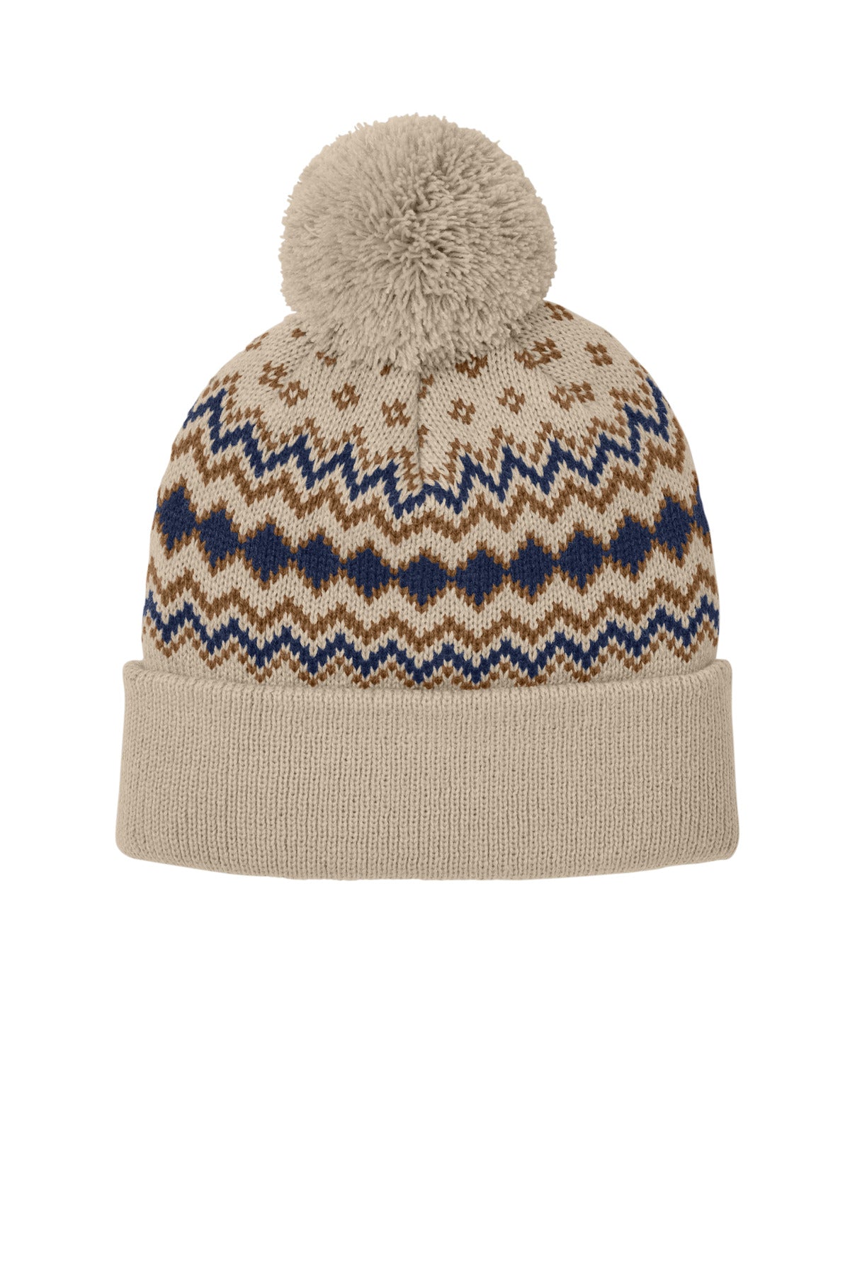 Port Authority Alpine Pom Beanie C991 in Sahara/ True Navy/ Duck Brown