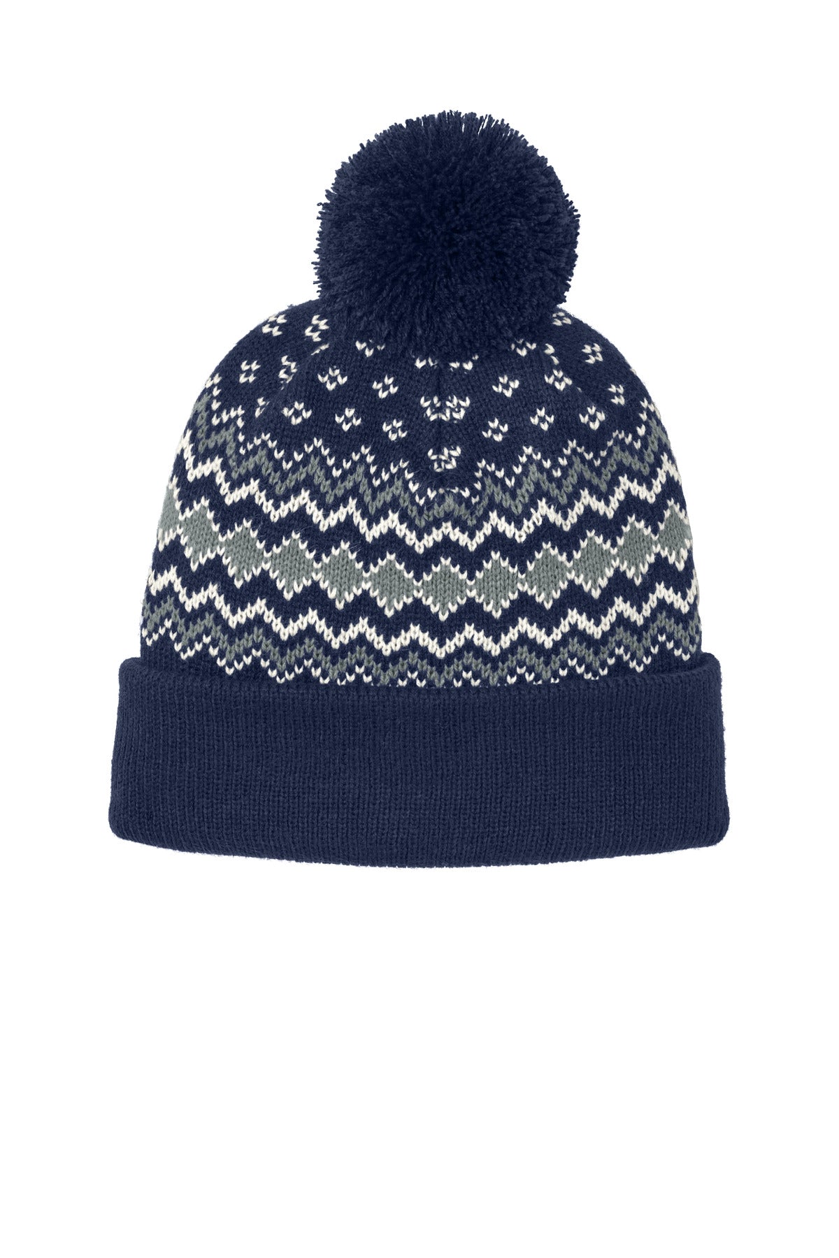 Port Authority Alpine Pom Beanie C991 in True Navy/ Gusty Grey/ Marshmallow