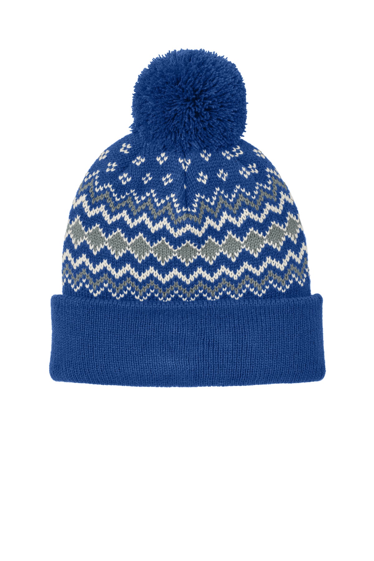 Port Authority Alpine Pom Beanie C991 in True Royal/ Gusty Grey/ Marshmallow
