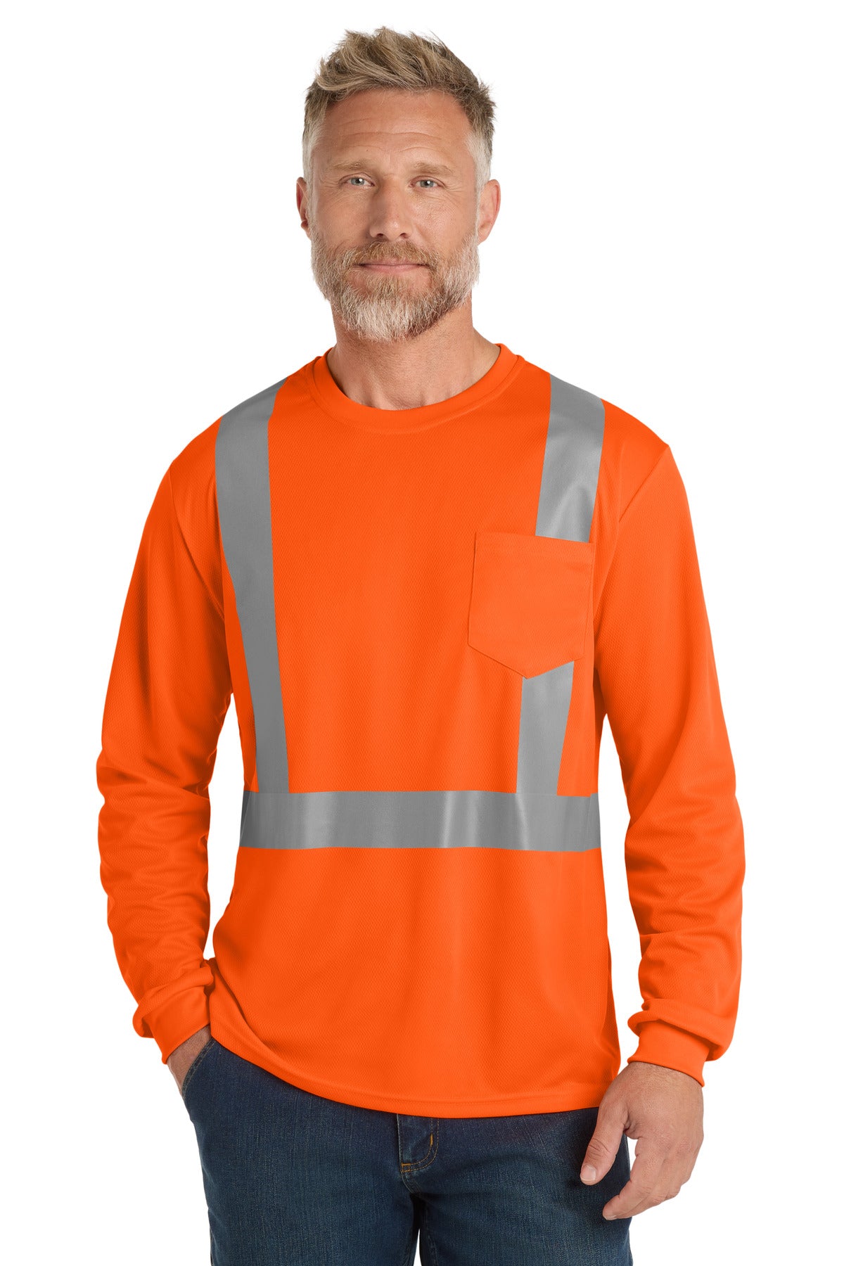 CornerStone  ANSI 107 Class 2 Mesh Long Sleeve Tee. CS201 in Safety Orange