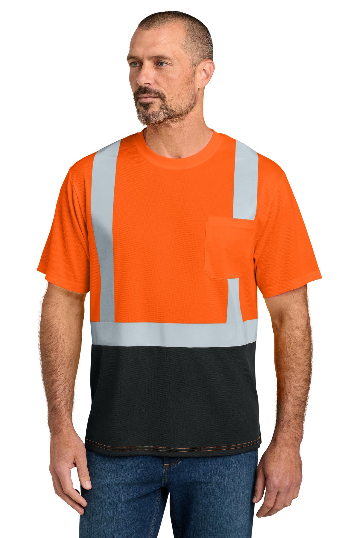 CornerStone ANSI 107 Class 2 Short Sleeve Mesh Blocked Tee CS205 in Safety Orange/ Black