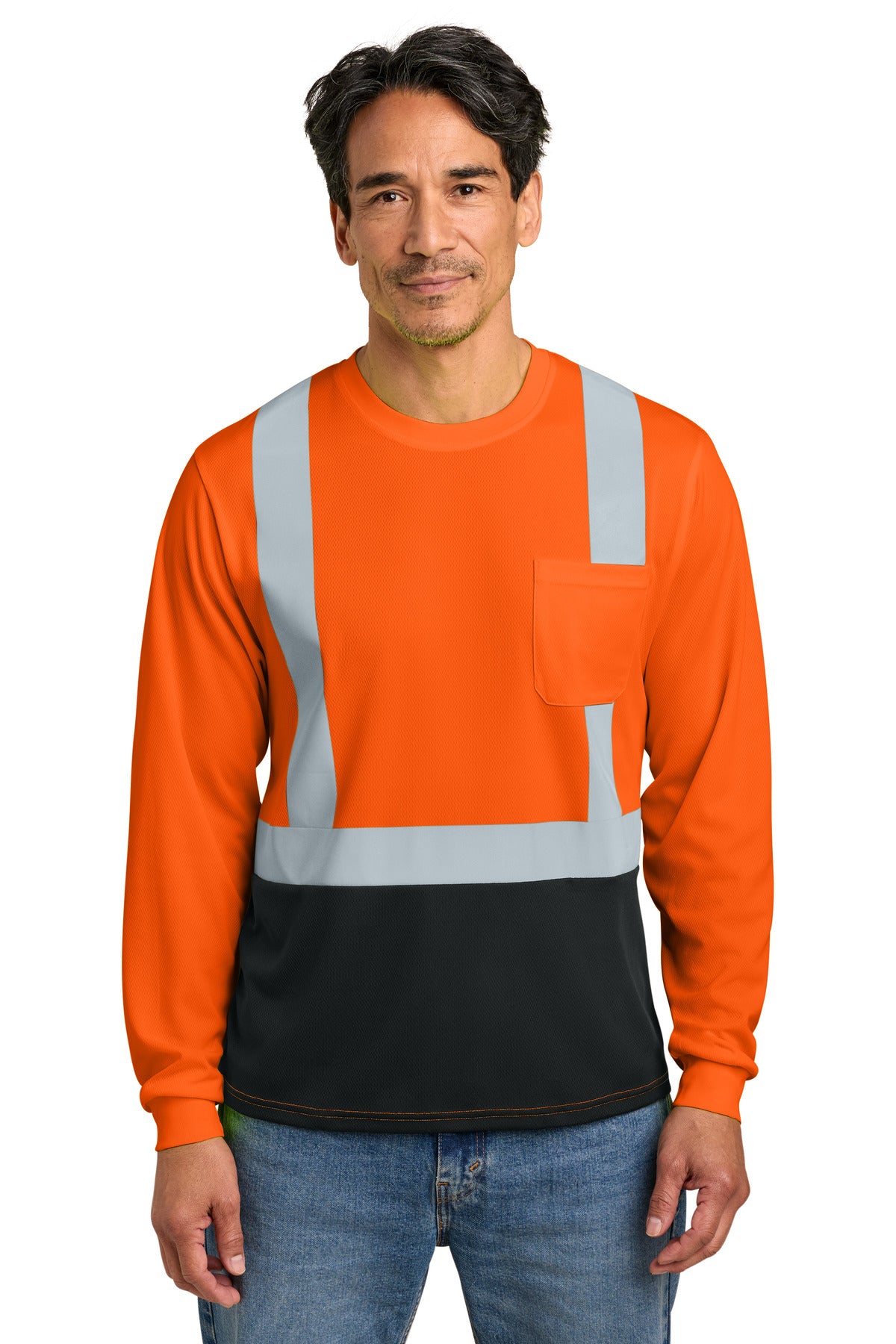 CornerStone ANSI 107 Class 2 Long Sleeve Mesh Blocked Tee CS207 in Safety Orange/ Black