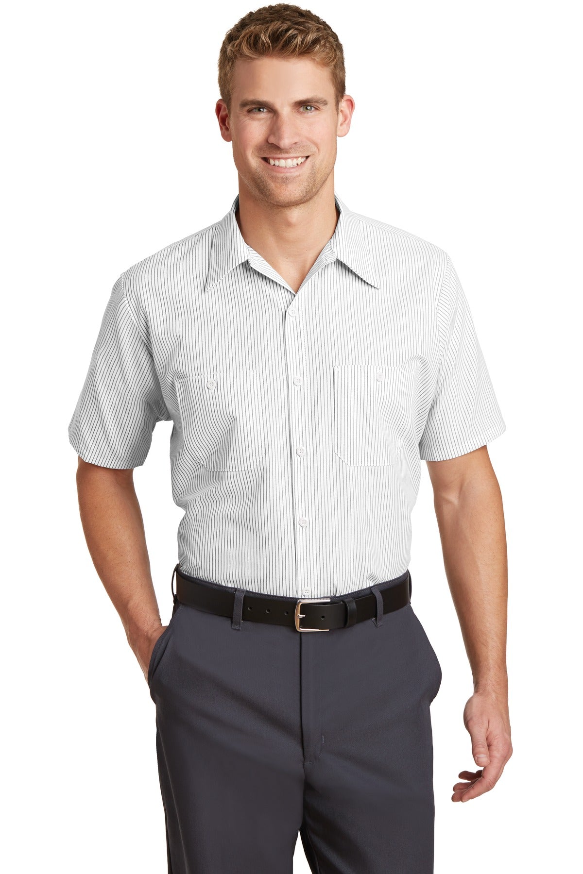 Red Kap Short Sleeve Striped Industrial Work Shirt.  CS20 in Grey/ White