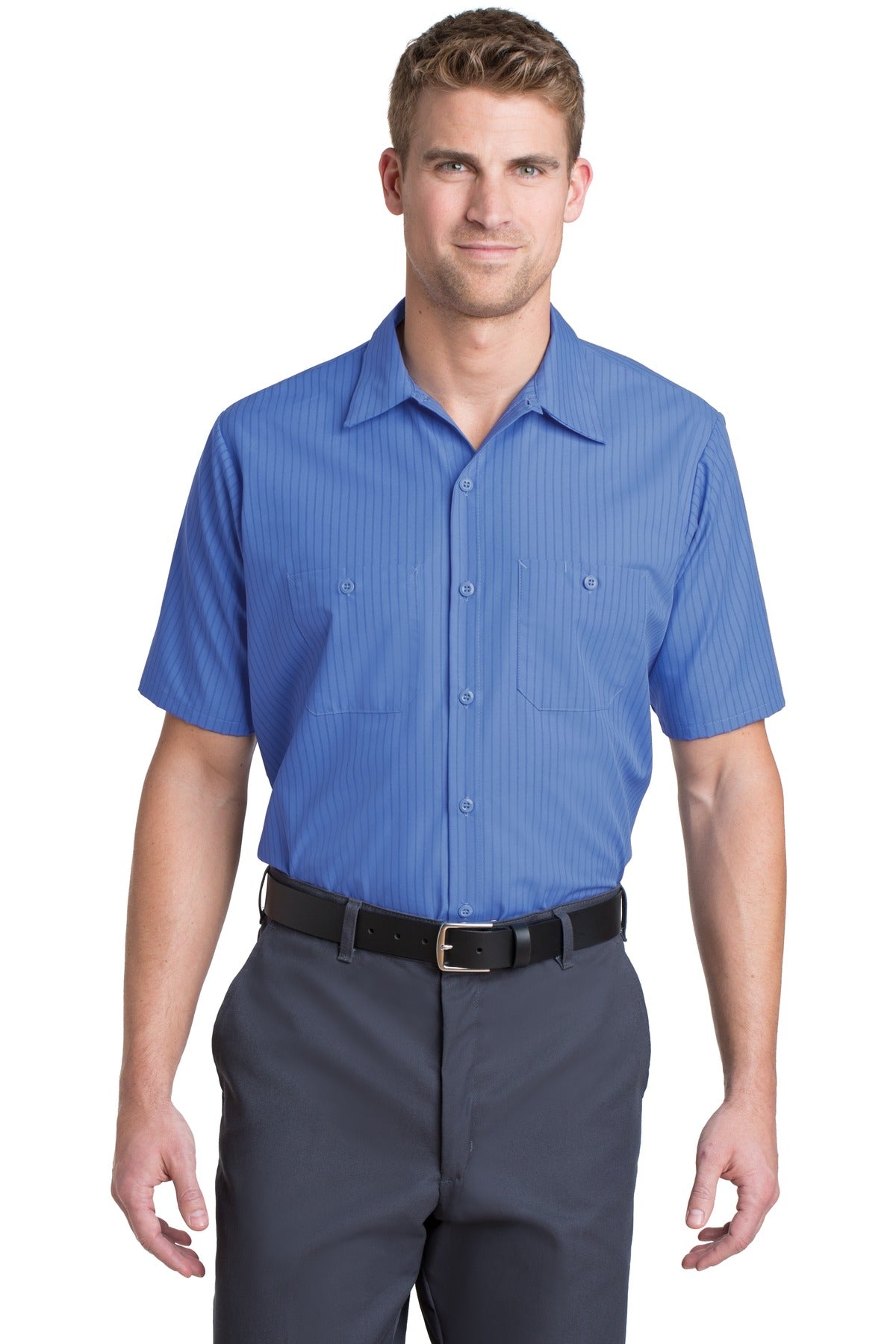 Red Kap Short Sleeve Striped Industrial Work Shirt.  CS20 in Petrol Blue/ Navy