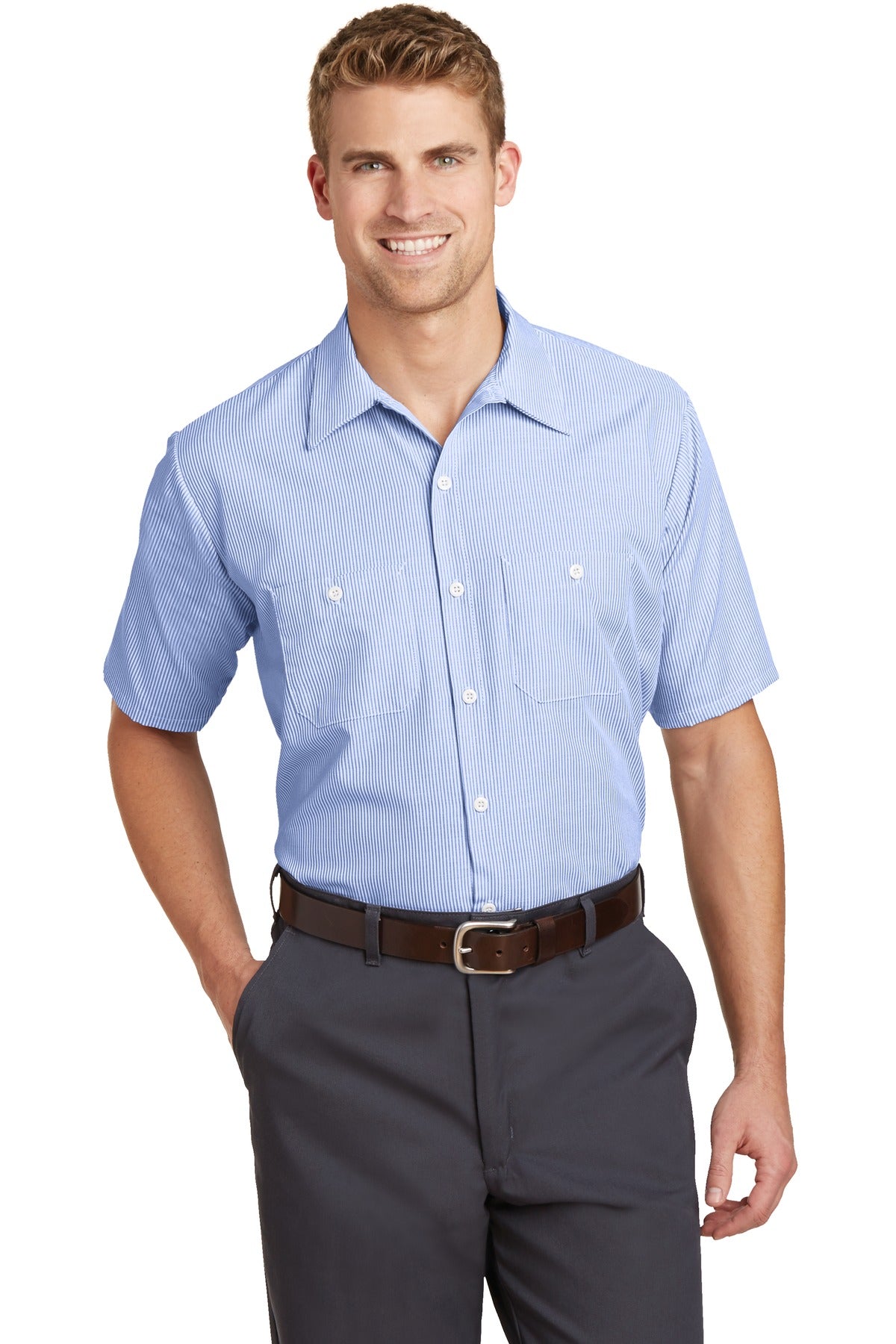 Red Kap Short Sleeve Striped Industrial Work Shirt.  CS20 in White/ Blue