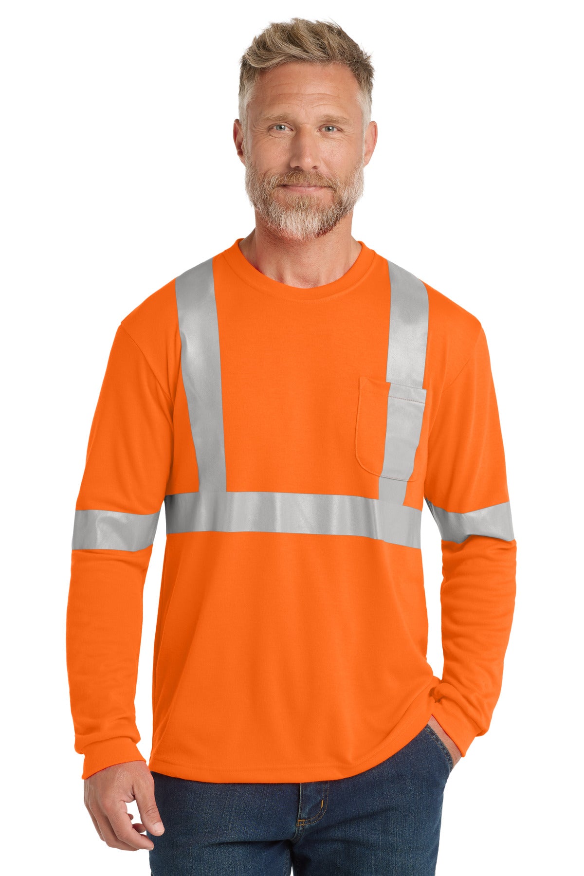 CornerStone ANSI 107 Class 2 Long Sleeve Safety T-Shirt. CS401LS in Safety Orange/ Reflective