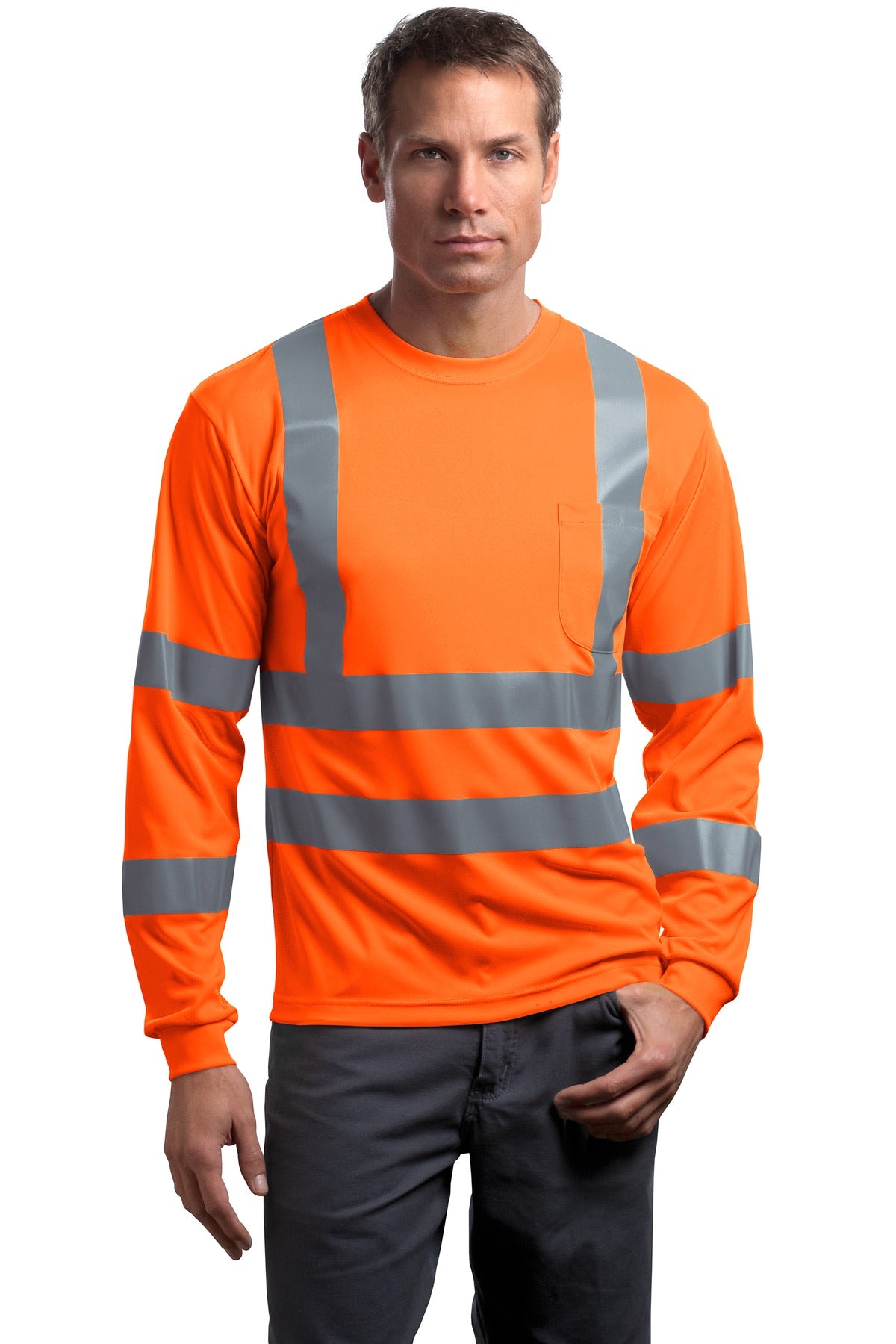CornerStone - ANSI 107 Class 3 Long Sleeve Snag-Resistant Reflective T-Shirt. CS409 in Safety Orange