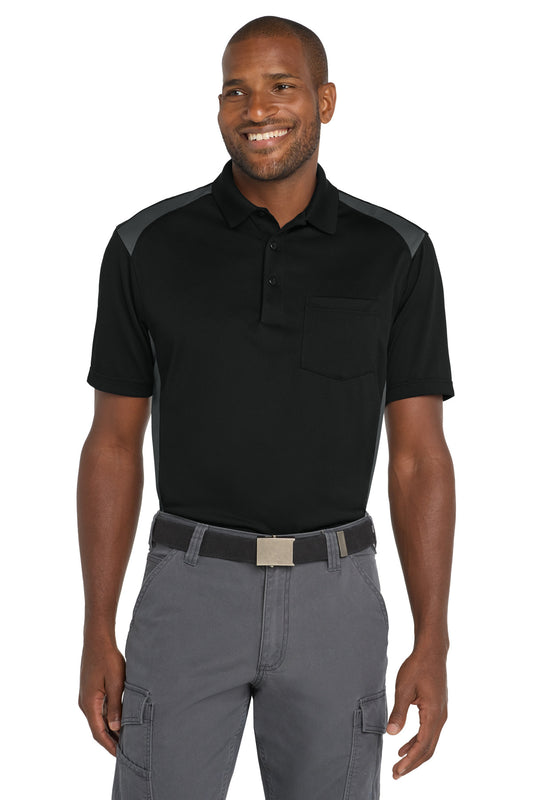 CornerStone Select Snag-Proof Two Way Colorblock Pocket Polo. CS416 in Black/ Charcoal