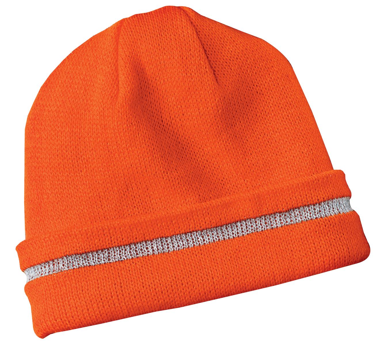 CornerStone - Enhanced Visibility Beanie with Reflective Stripe.  CS800 in Safety Orange/ Reflective