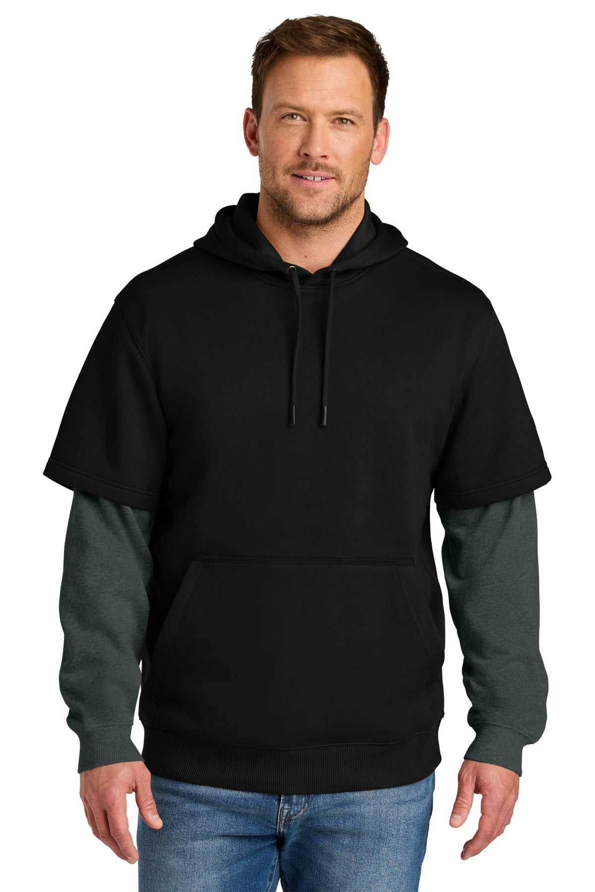 CornerStone Tough Fleece Layered Hoodie CSF632 in Black/ Charcoal Heather