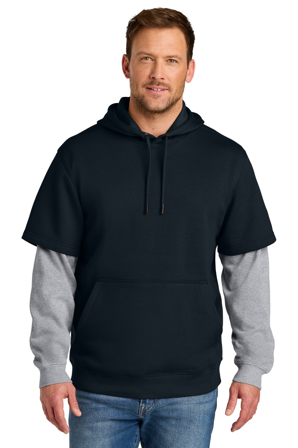 CornerStone Tough Fleece Layered Hoodie CSF632 in Navy/ Heather Grey