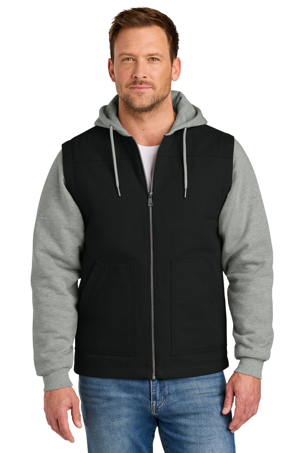 CornerStone Duck Fleece Full-Zip Hooded Jacket CSJ42 in Black/ Heather Grey