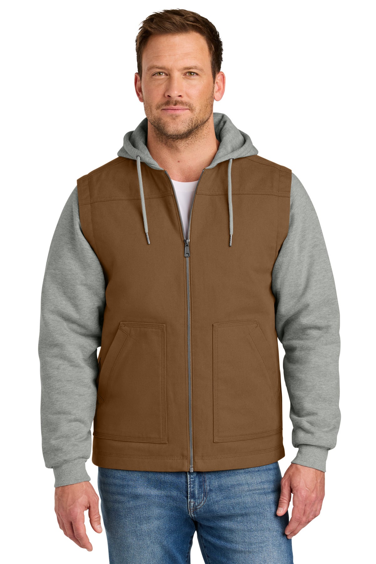 CornerStone Duck Fleece Full-Zip Hooded Jacket CSJ42 in Duck Brown/ Heather Grey