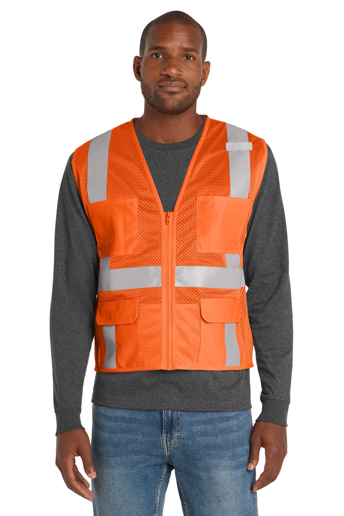 CornerStone  ANSI 107 Class 2 Mesh Six-Pocket Zippered Vest. CSV104 in Safety Orange