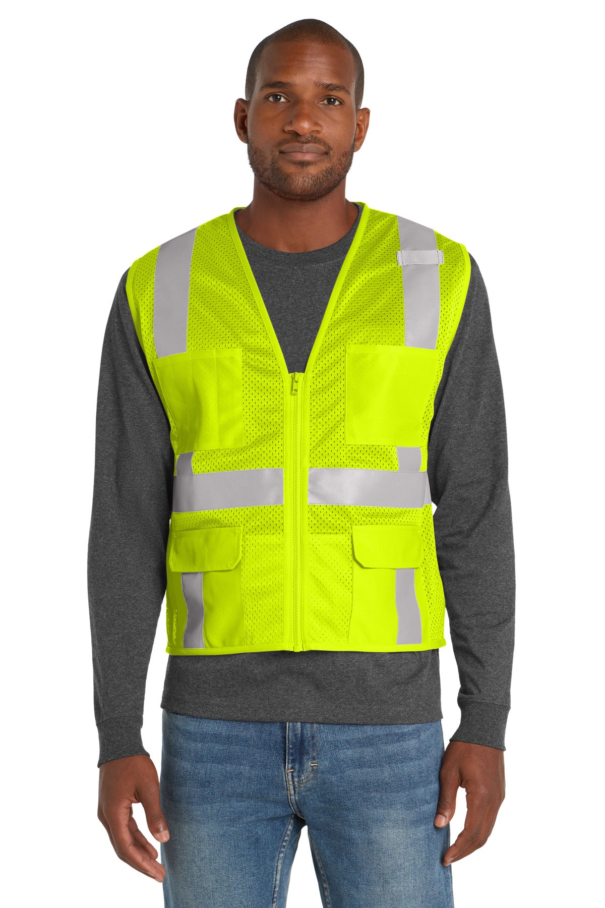 CornerStone  ANSI 107 Class 2 Mesh Six-Pocket Zippered Vest. CSV104 in Safety Yellow