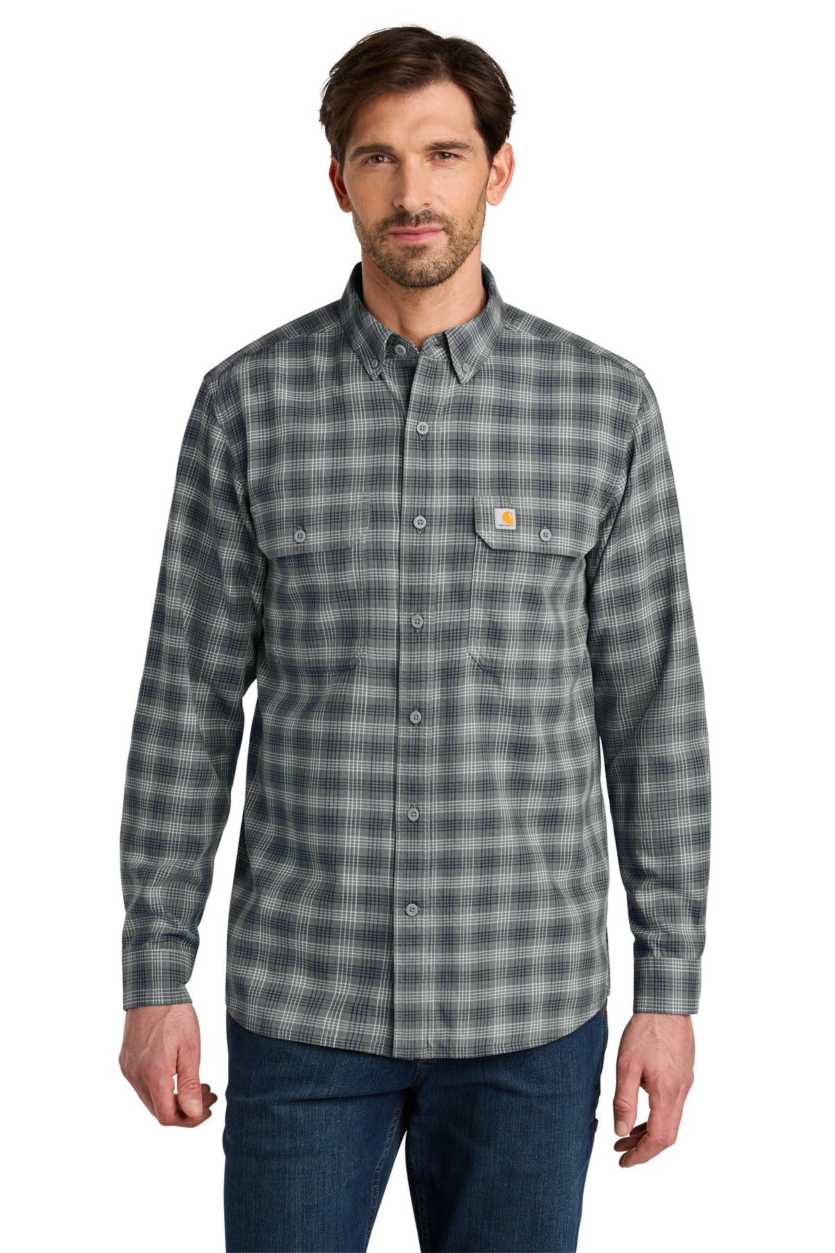 Carhartt Rugged Flex Plaid Long Sleeve Shirt CT107109 in Plaid Steel Navy