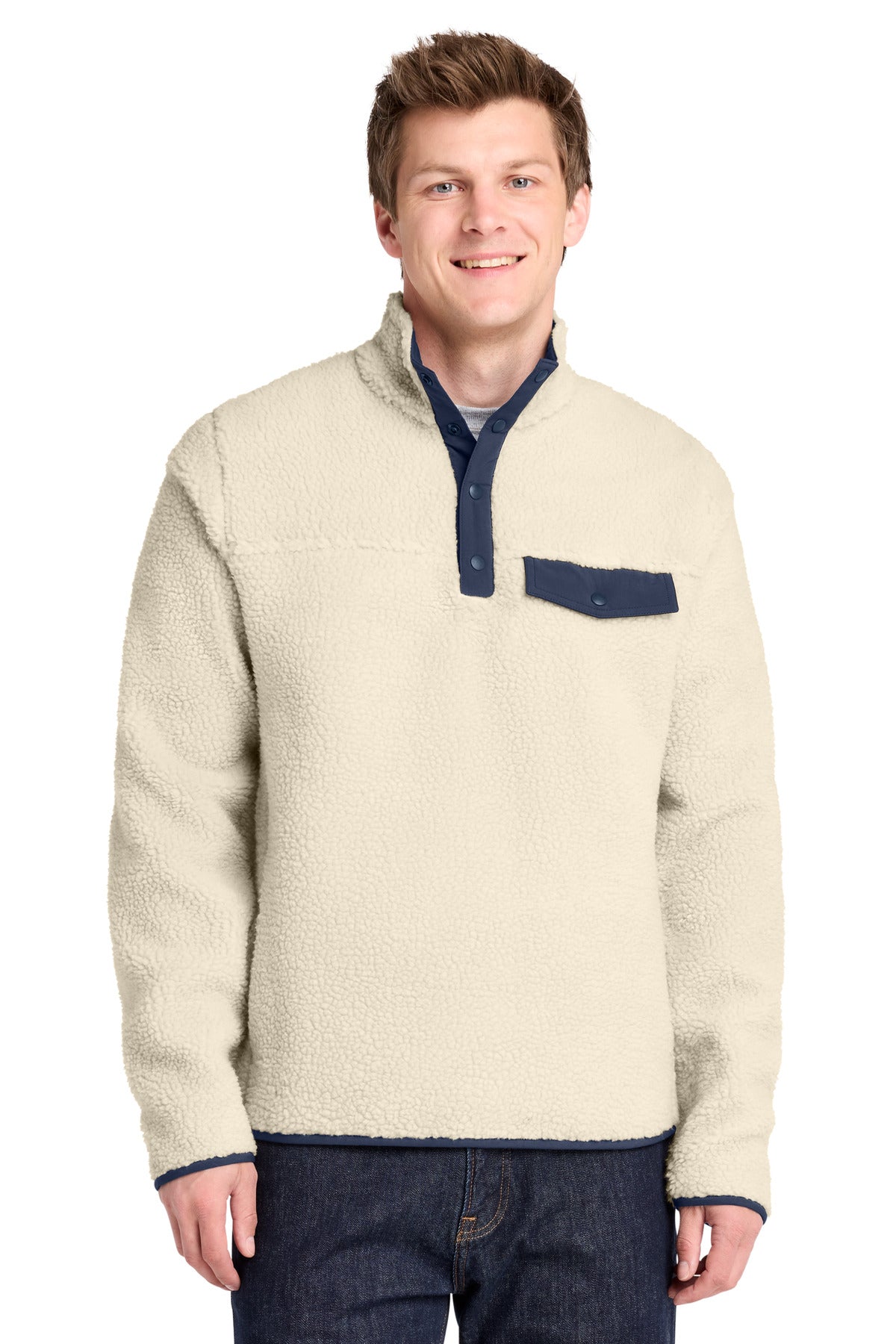 Port Authority Camp Fleece Snap Pullover F140 in Oat/ Dress Blue Navy