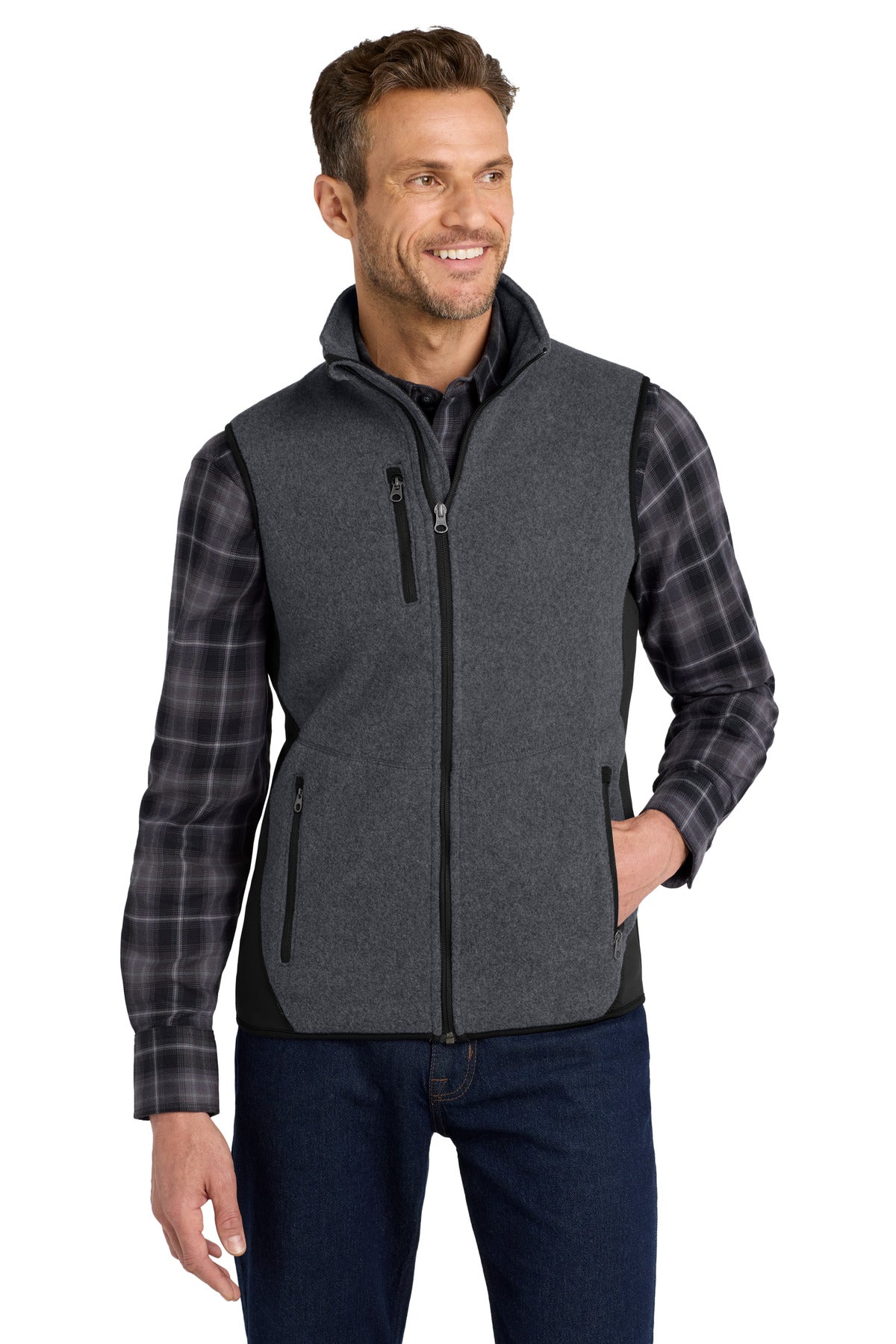 Port Authority R-Tek Pro Fleece Full-Zip Vest. F228 in Charcoal Heather/ Black