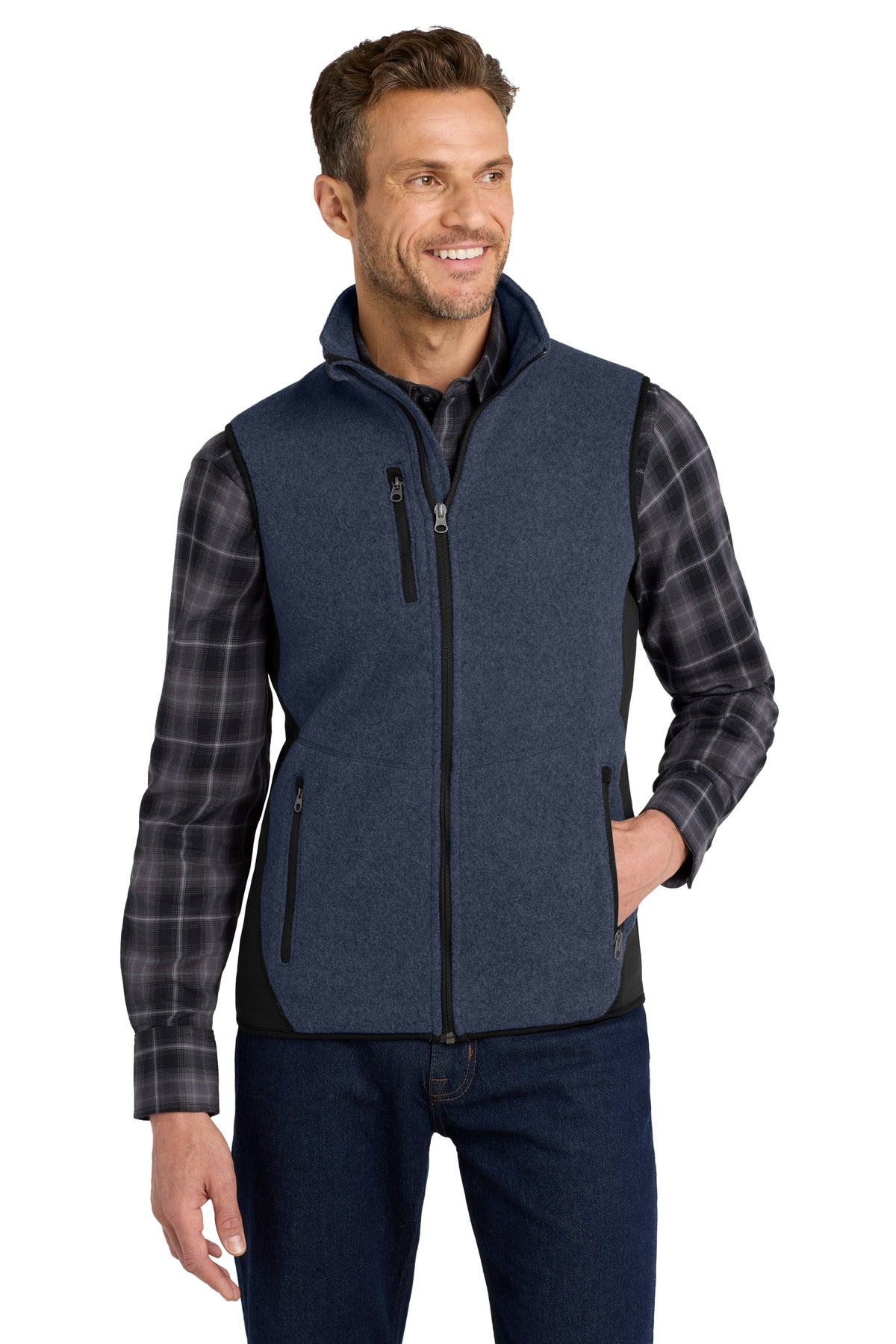 Port Authority R-Tek Pro Fleece Full-Zip Vest. F228 in Navy Heather/ Black