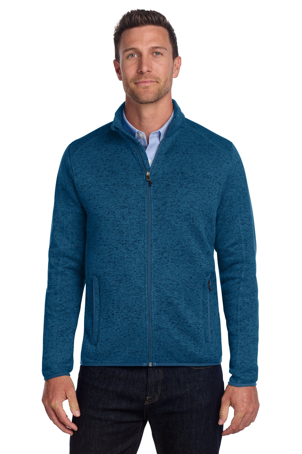 Port Authority Sweater Fleece Jacket. F232 in Medium Blue Heather