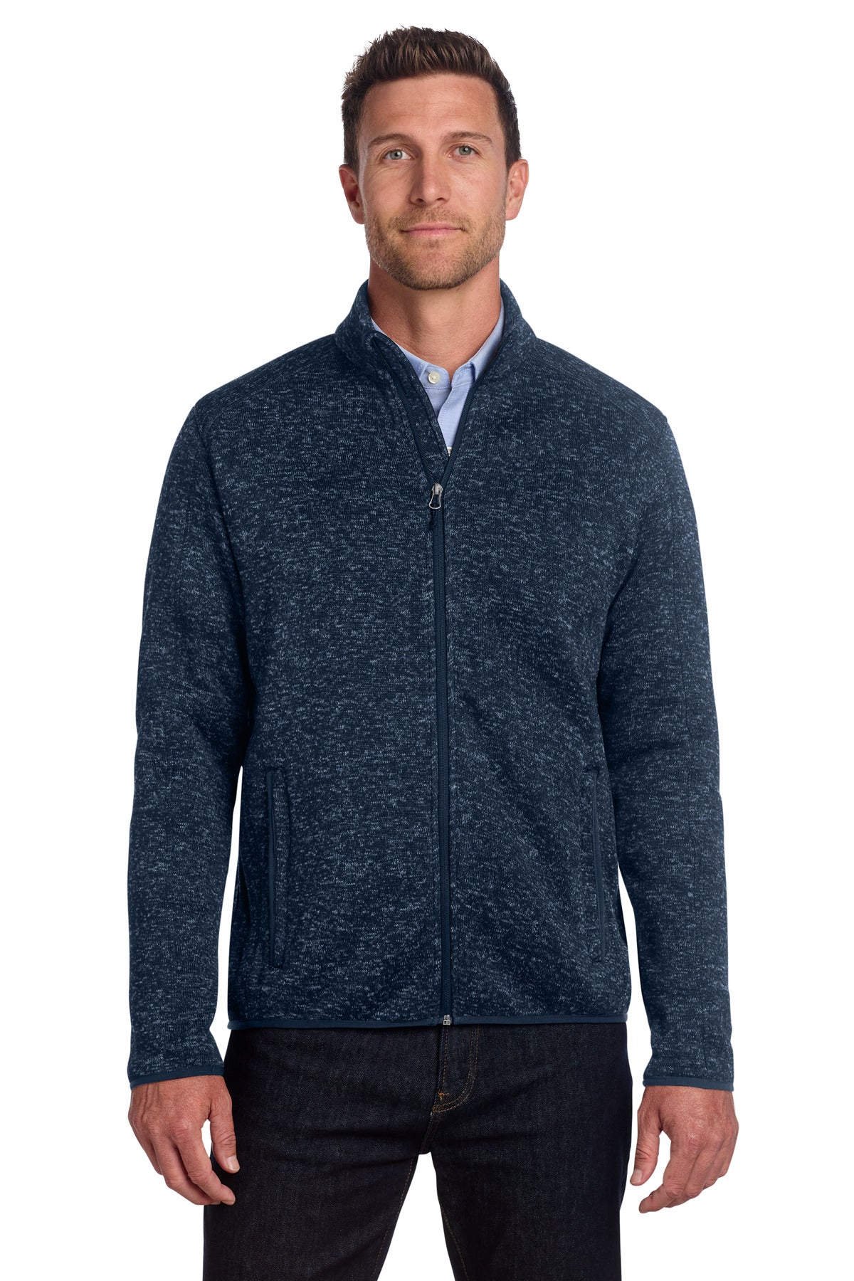 Port Authority Sweater Fleece Jacket. F232 in River Blue Navy Heather