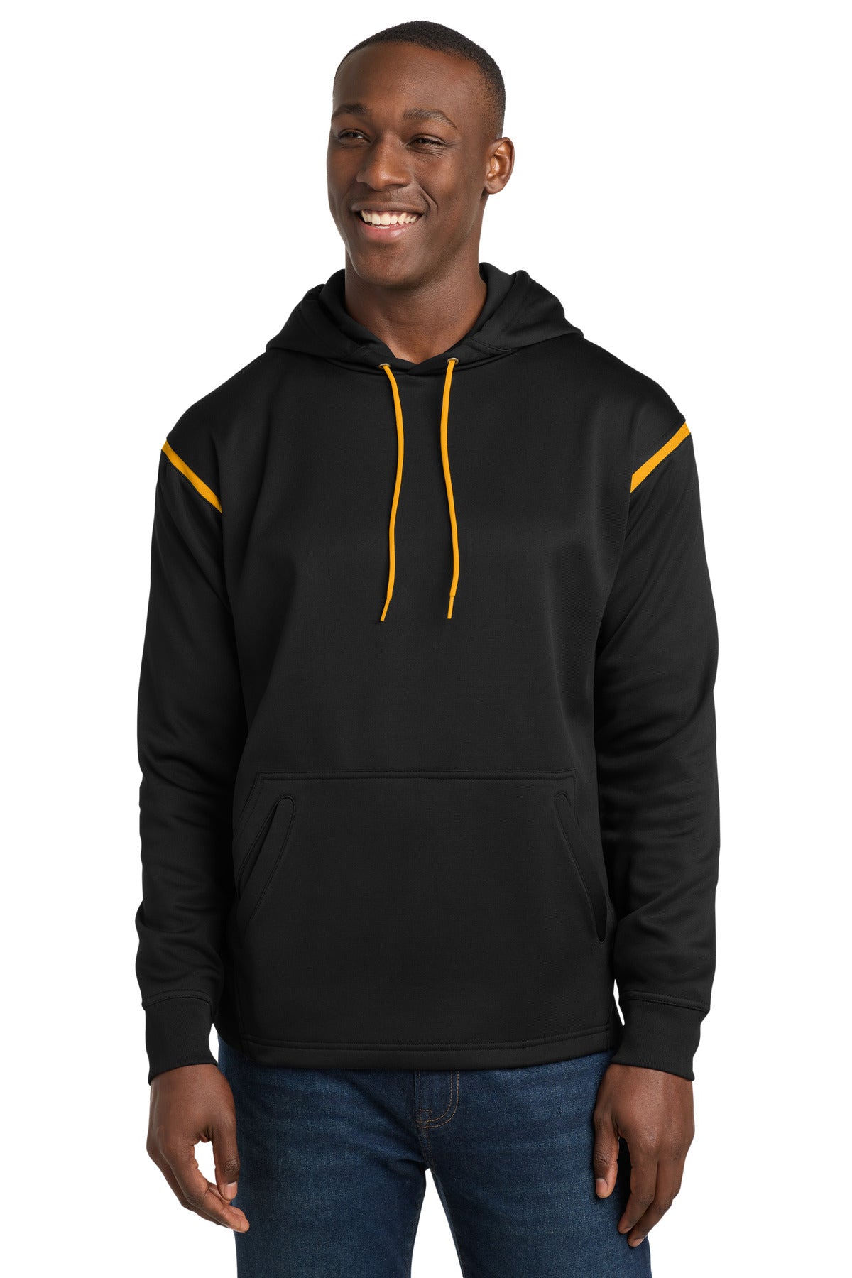 Sport-Tek Tech Fleece Colorblock Hooded Sweatshirt. F246 in Black/ Gold