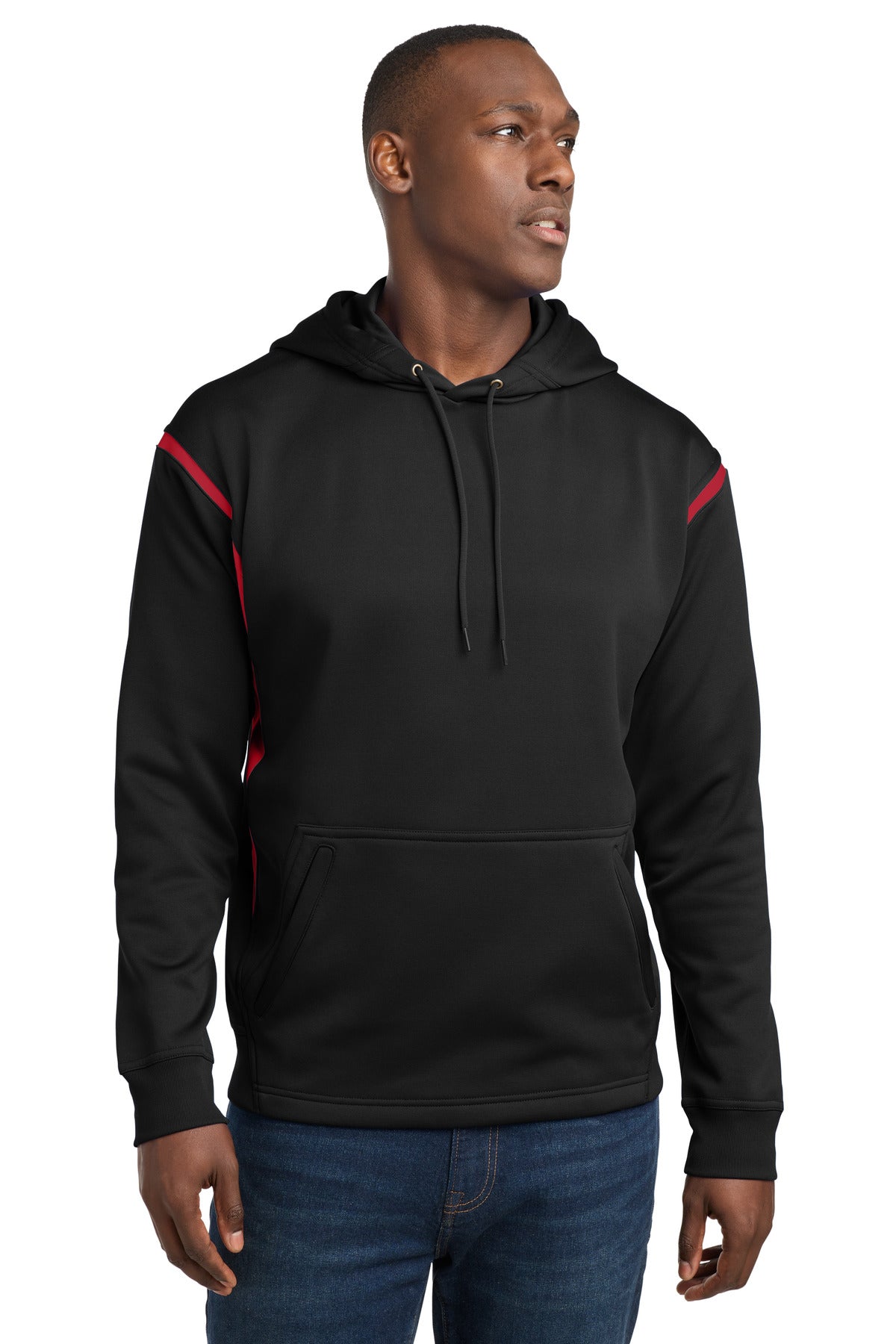 Sport-Tek Tech Fleece Colorblock Hooded Sweatshirt. F246 in Black/ True Red
