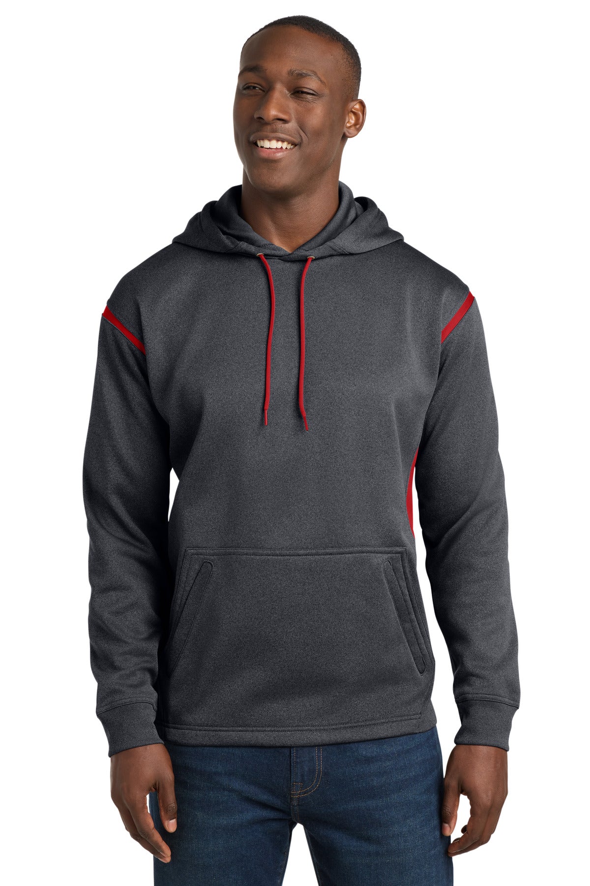 Sport-Tek Tech Fleece Colorblock Hooded Sweatshirt. F246 in Graphite Heather/ True Red