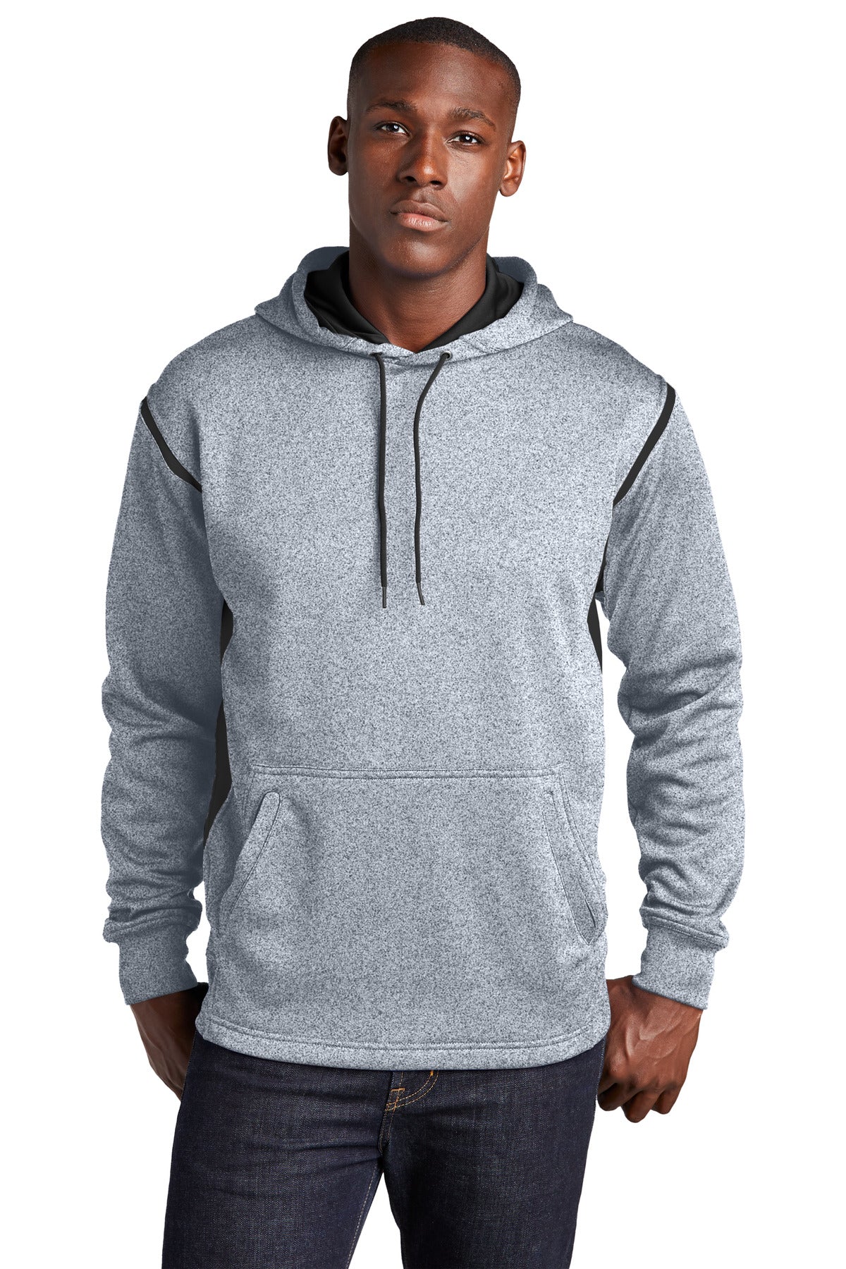 Sport-Tek Tech Fleece Colorblock Hooded Sweatshirt. F246 in Grey Heather/ Black