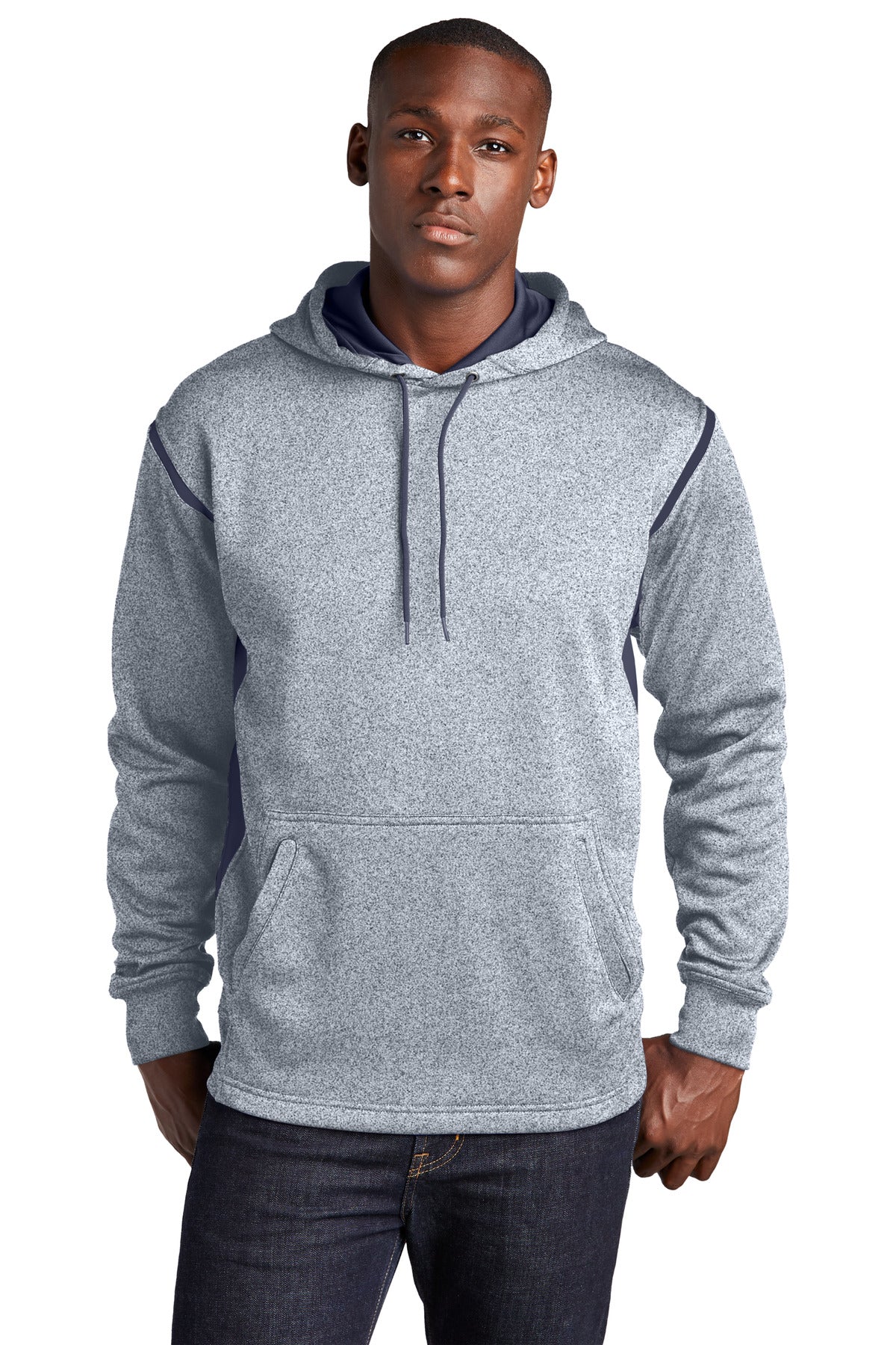 Sport-Tek Tech Fleece Colorblock Hooded Sweatshirt. F246 in Grey Heather/ True Navy