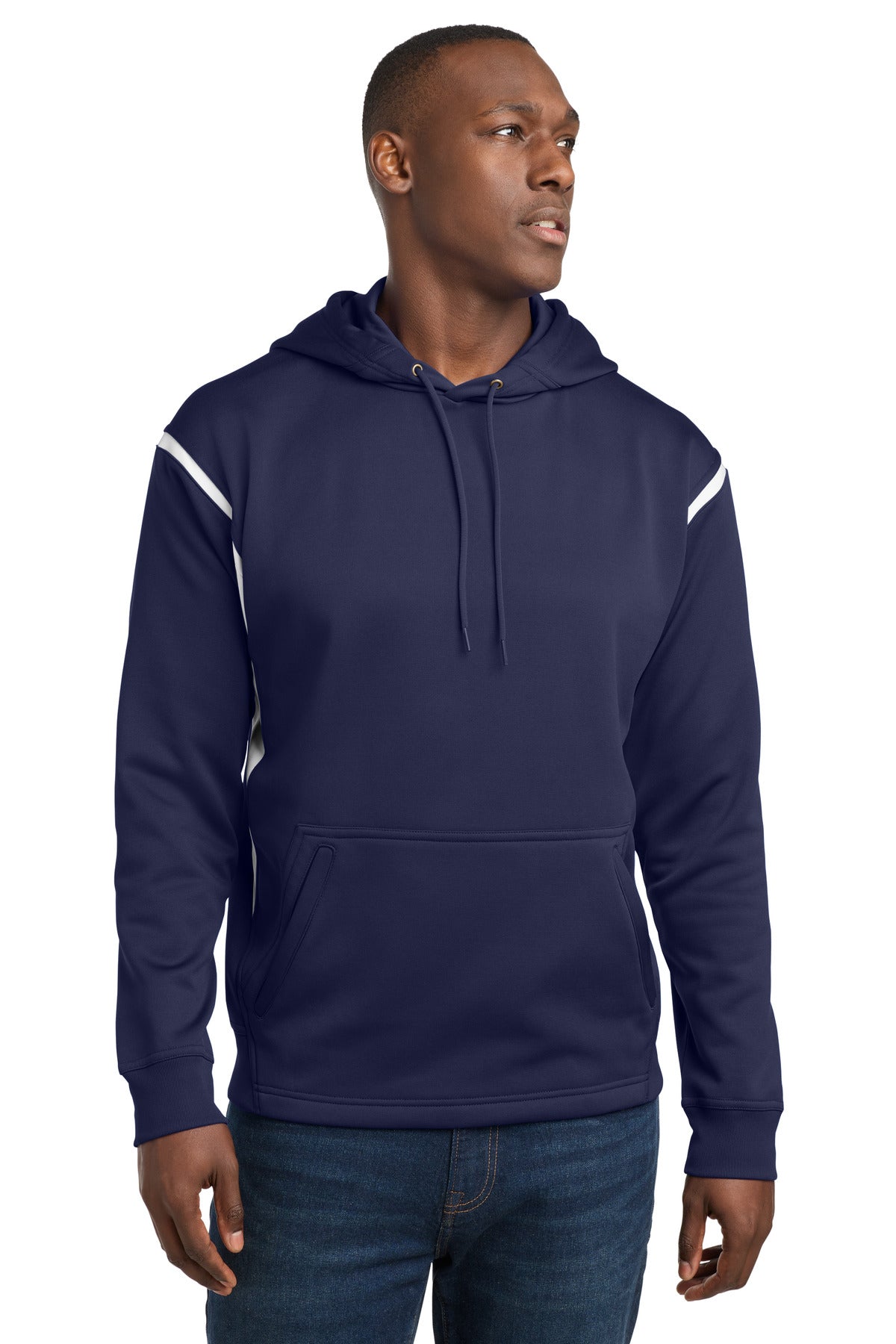 Sport-Tek Tech Fleece Colorblock Hooded Sweatshirt. F246 in True Navy/ White