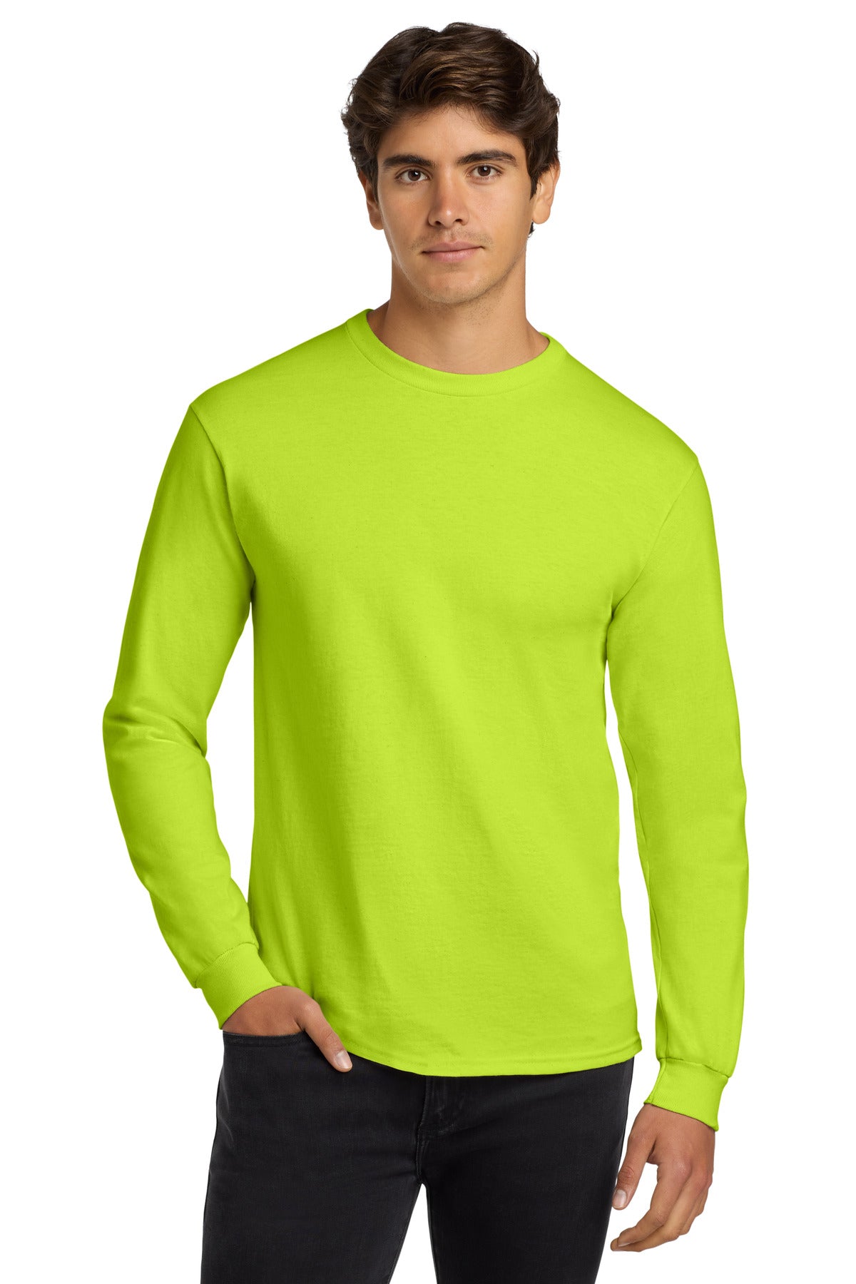 Gildan - Ultra Cotton 100% US Cotton Long Sleeve T-Shirt.  G2400 in Safety Green