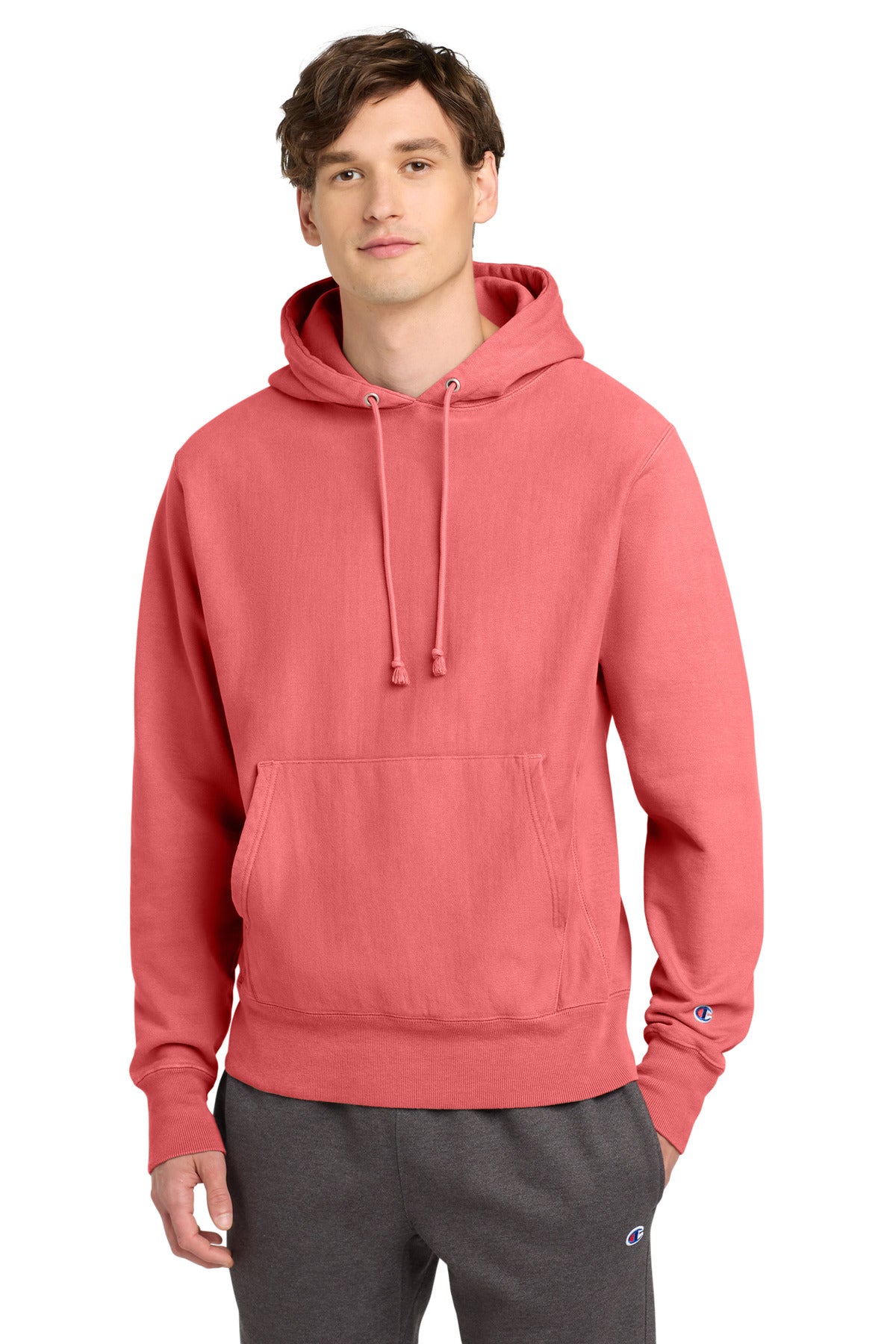 Champion  Reverse Weave  Garment-Dyed Hooded Sweatshirt. GDS101 in Coral Craze