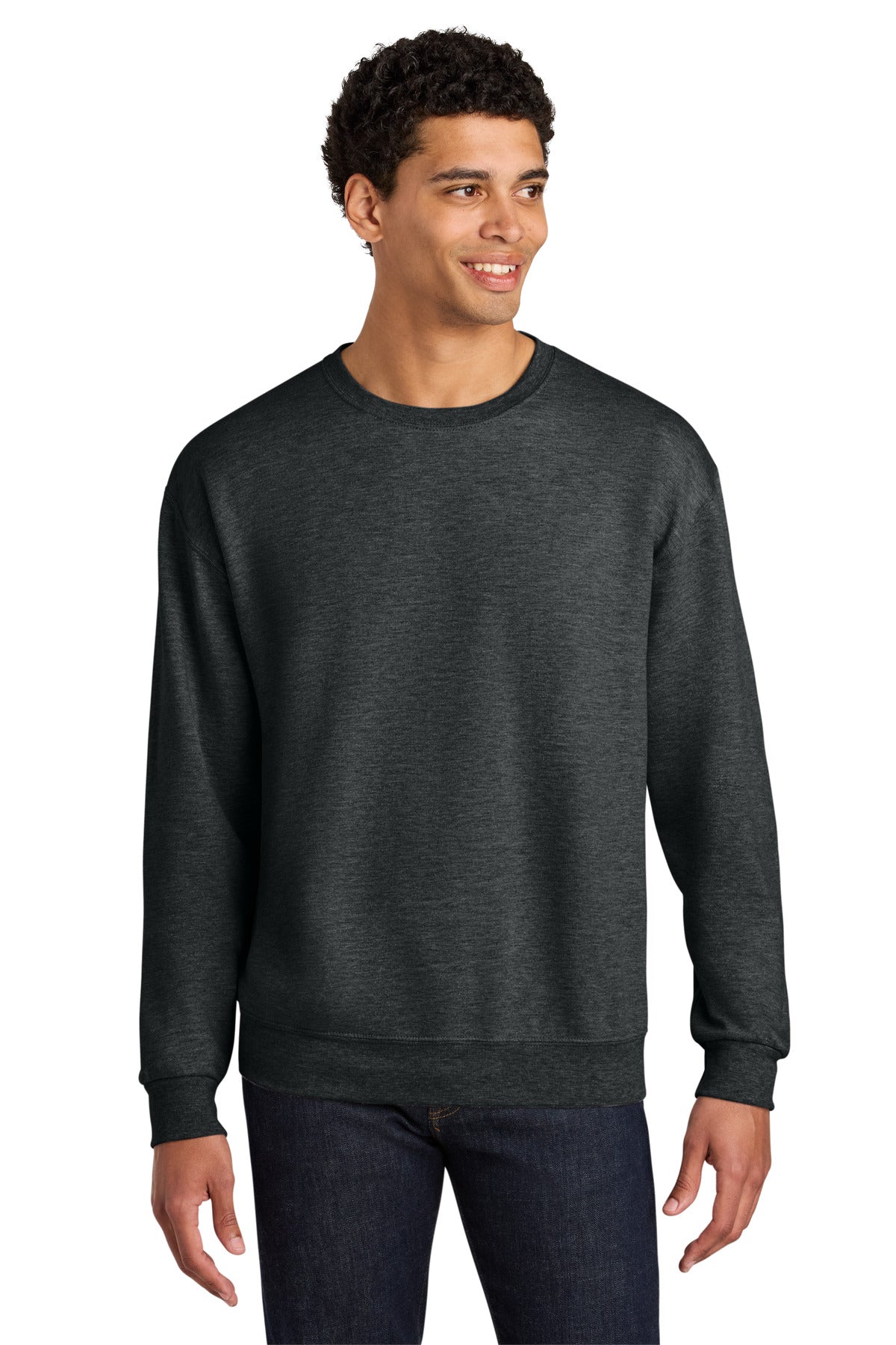 Jerzees Ultimate Unisex CVC Ring Spun Crewneck Sweatshirt IC48M in Black Ink Heather