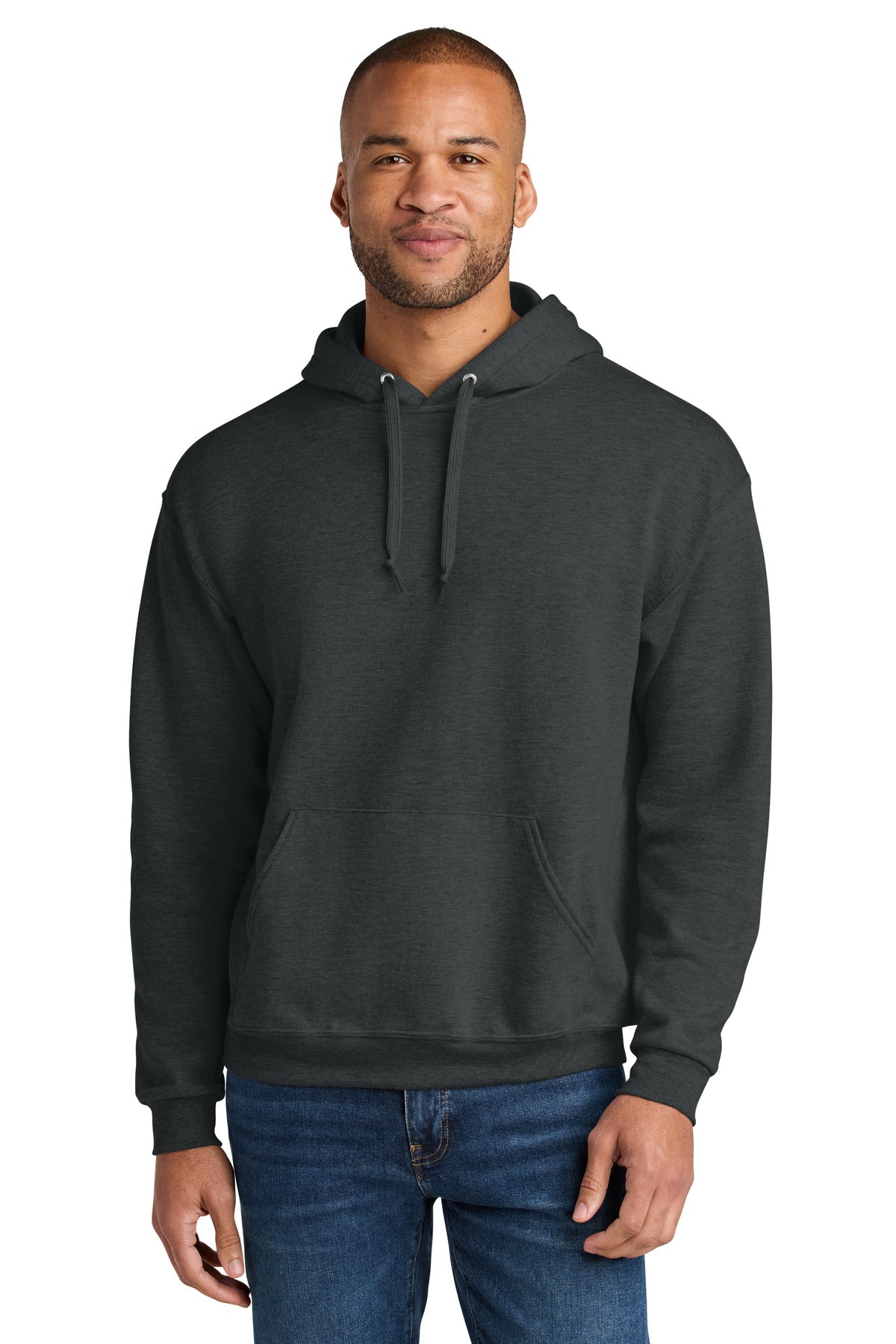 Jerzees Ultimate Unisex CVC Ring Spun Hooded Sweatshirt IC49M in Black Ink Heather