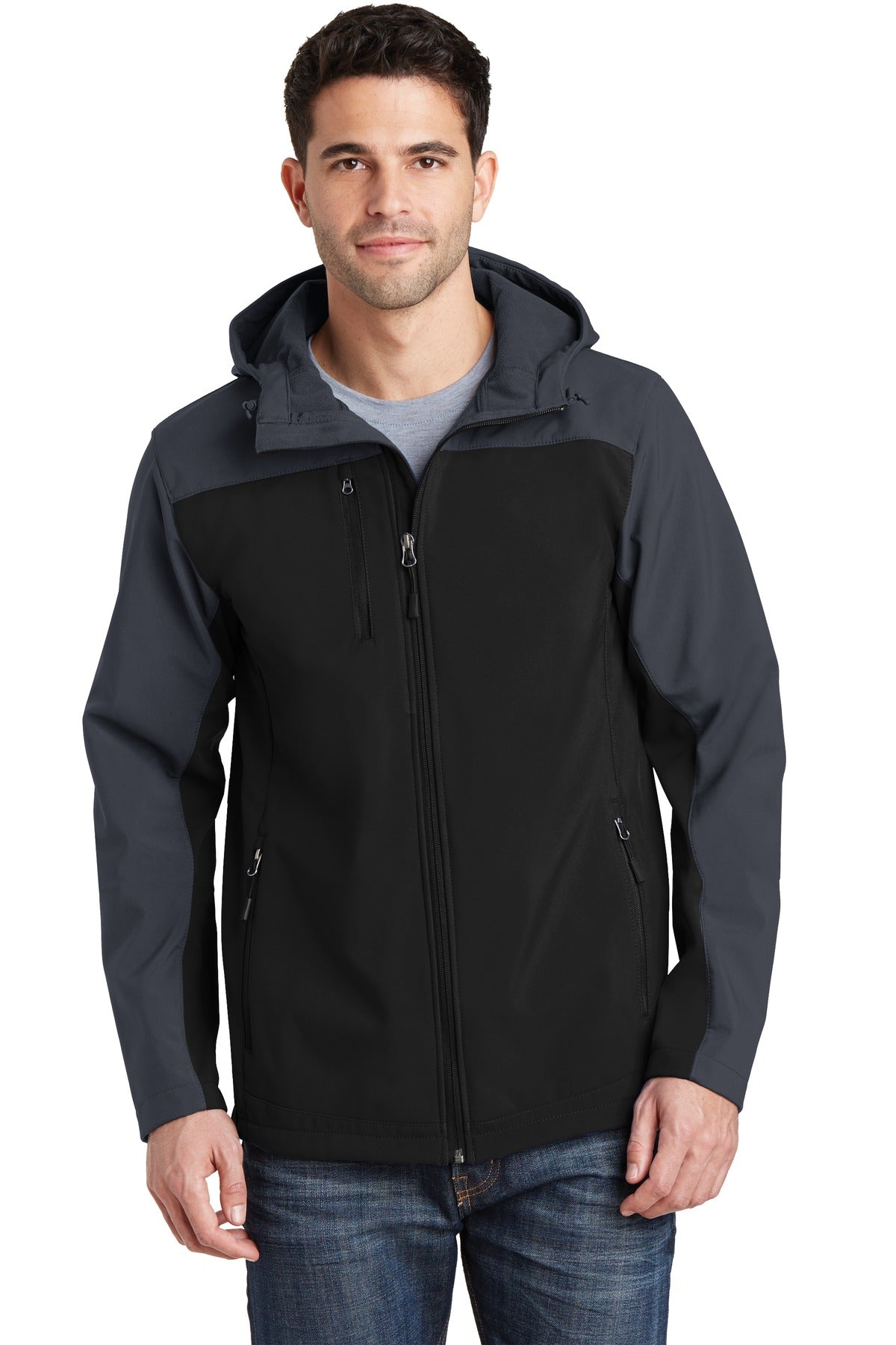 Port Authority Hooded Core Soft Shell Jacket. J335 in Black/ Battleship Grey
