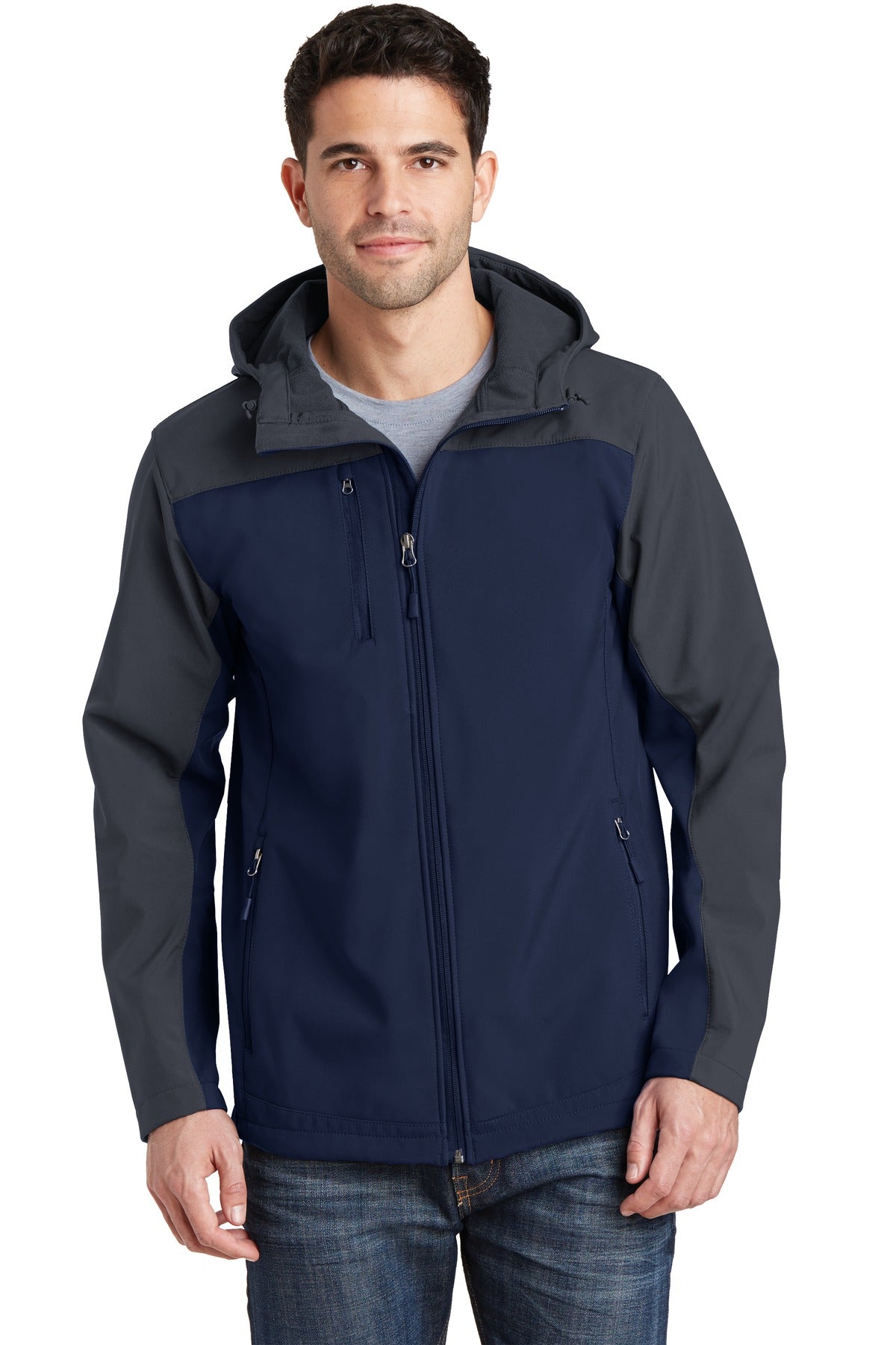 Port Authority Hooded Core Soft Shell Jacket. J335 in Dress Blue Navy/ Battleship Grey