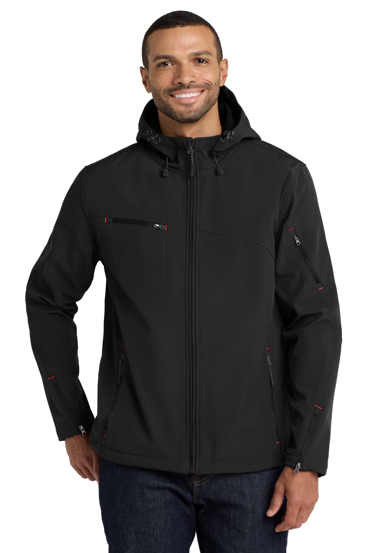 Port Authority Textured Hooded Soft Shell Jacket. J706 in Black/ Engine Red