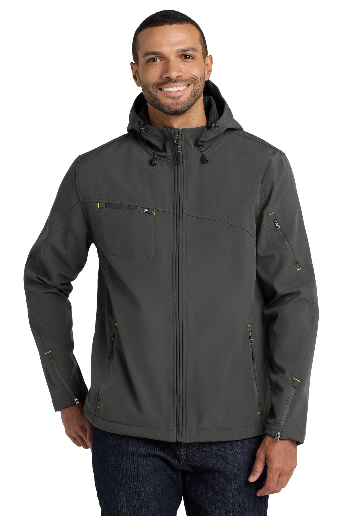 Port Authority Textured Hooded Soft Shell Jacket. J706 in Charcoal/ Lemon Yellow