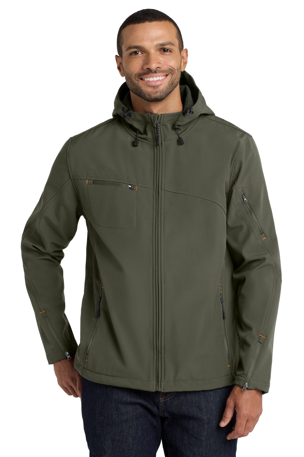 Port Authority Textured Hooded Soft Shell Jacket. J706 in Mineral Green/ Soft Orange