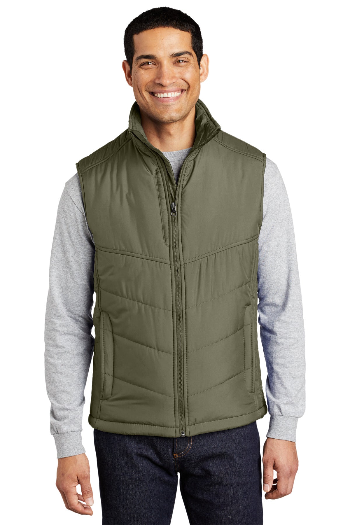 Port Authority Puffy Vest. J709 in Olive/ Cayenne
