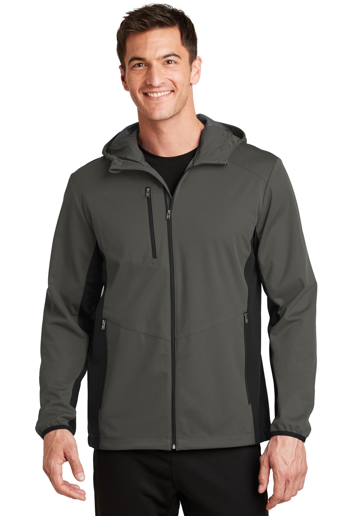 Port Authority Active Hooded Soft Shell Jacket. J719 in Grey Steel/ Deep Black