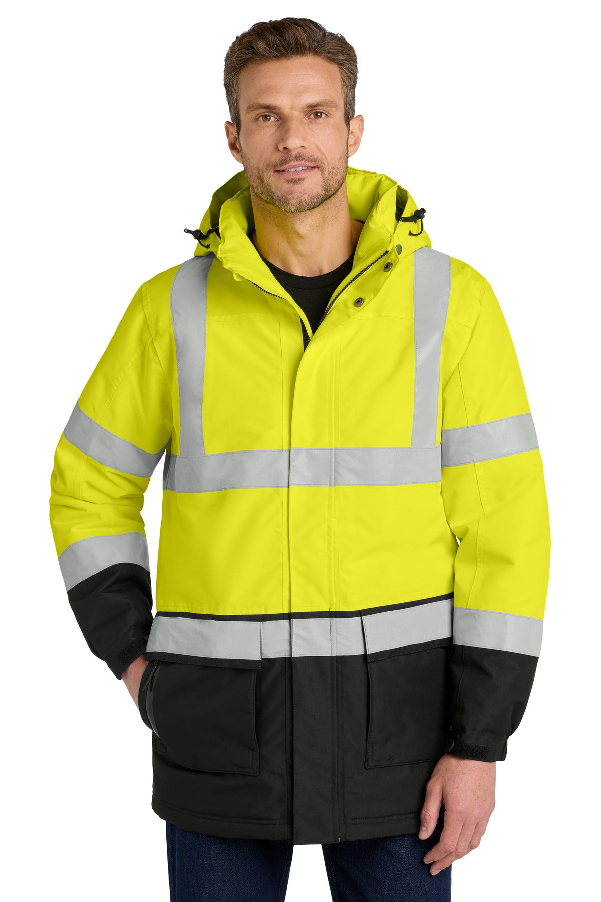 Port Authority ANSI 107 Class 3 Safety Heavyweight Parka. J799S in Safety Yellow/ Black/ Reflective