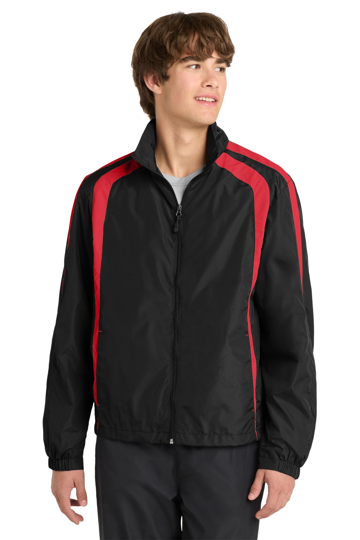 Sport-Tek Colorblock Raglan Jacket. JST60 in Black/ True Red