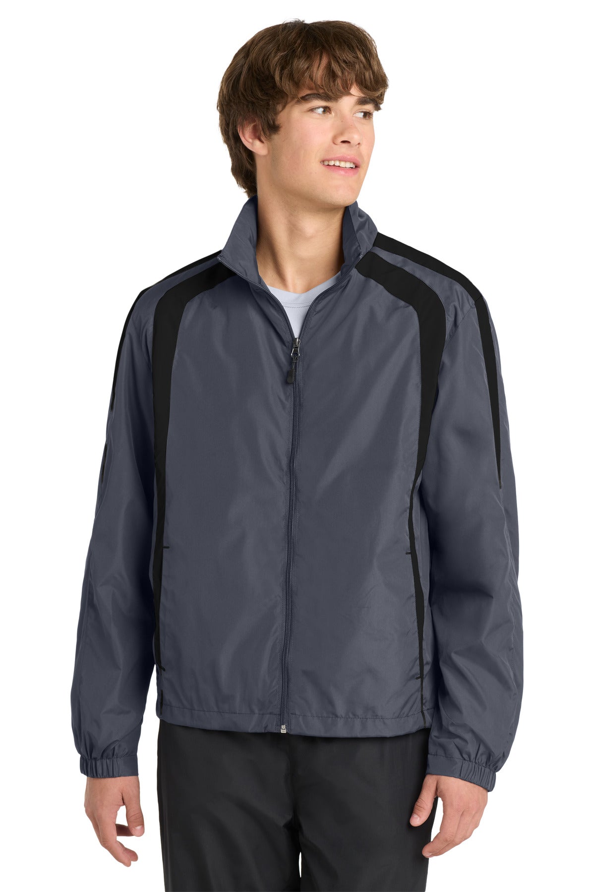 Sport-Tek Colorblock Raglan Jacket. JST60 in Graphite/ Black