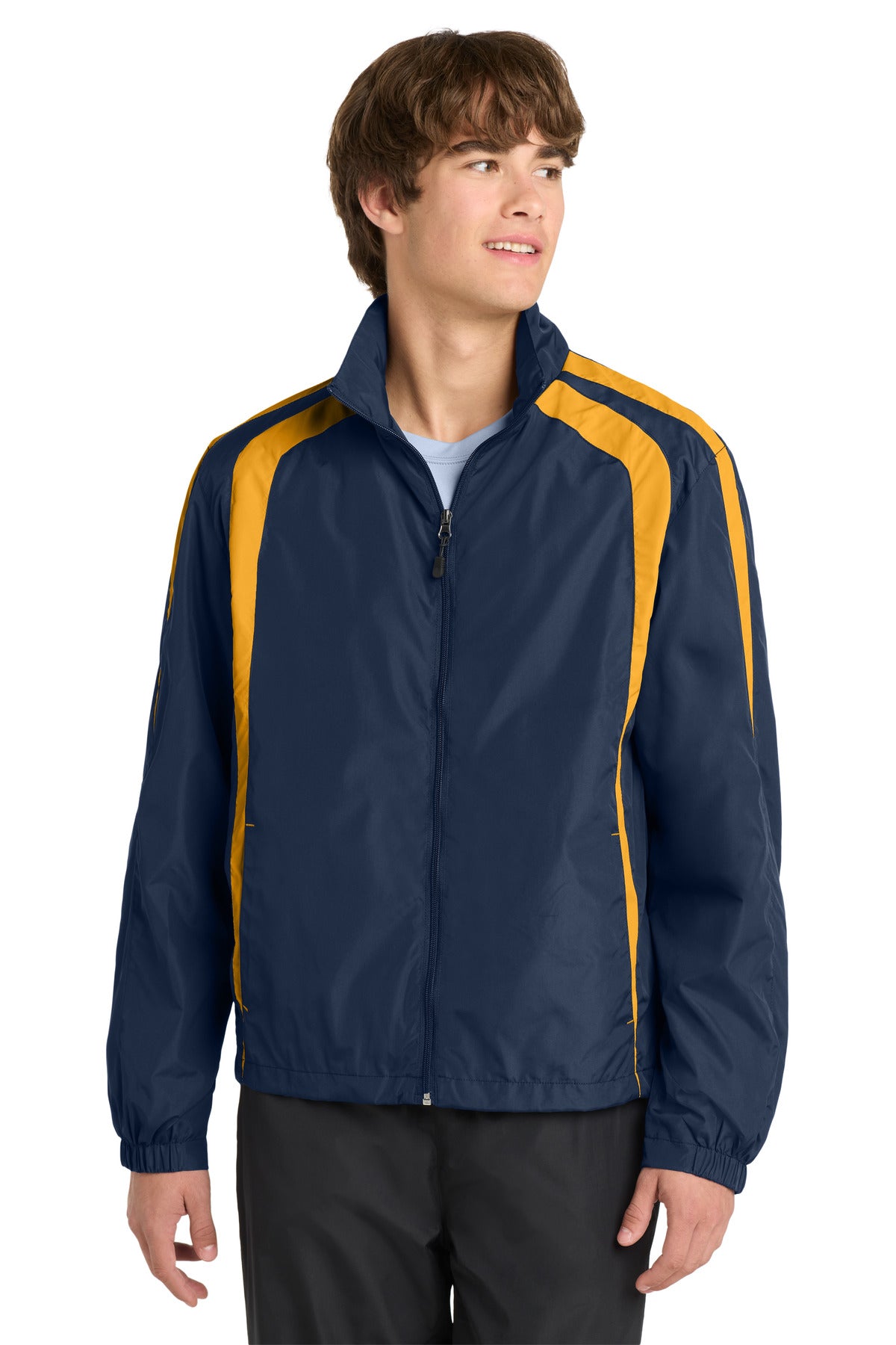 Sport-Tek Colorblock Raglan Jacket. JST60 in True Navy/ Gold