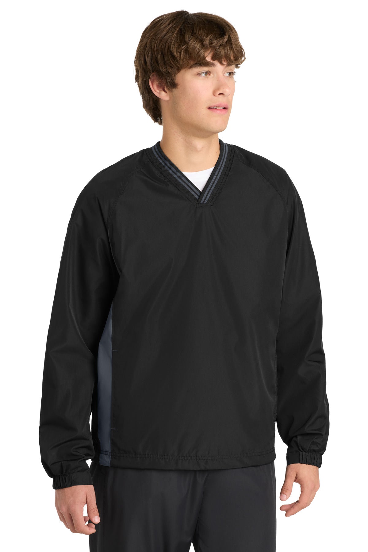 Sport-Tek Tipped V-Neck Raglan Wind Shirt. JST62 in Black/ Graphite