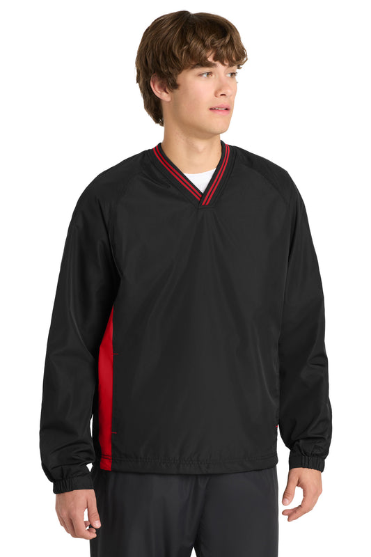 Sport-Tek Tipped V-Neck Raglan Wind Shirt. JST62 in Black/ True Red