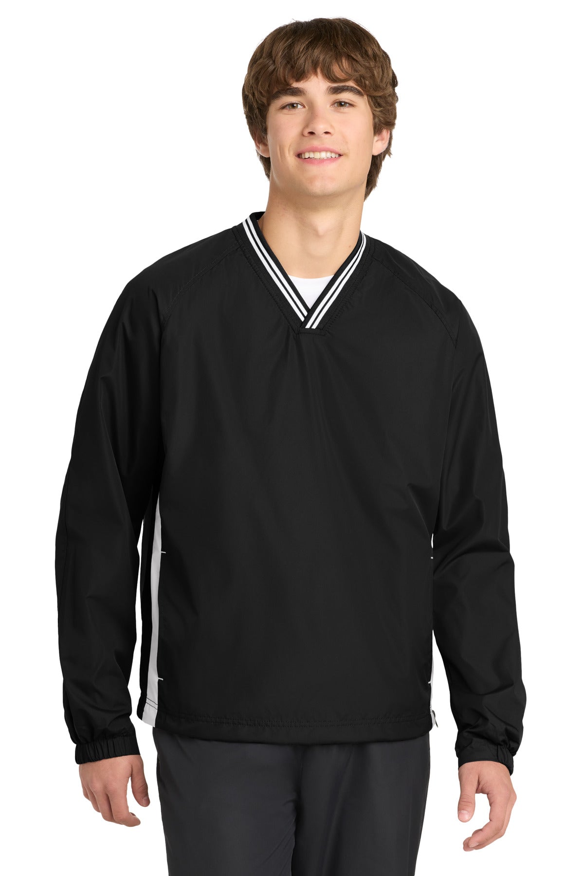 Sport-Tek Tipped V-Neck Raglan Wind Shirt. JST62 in Black/ White