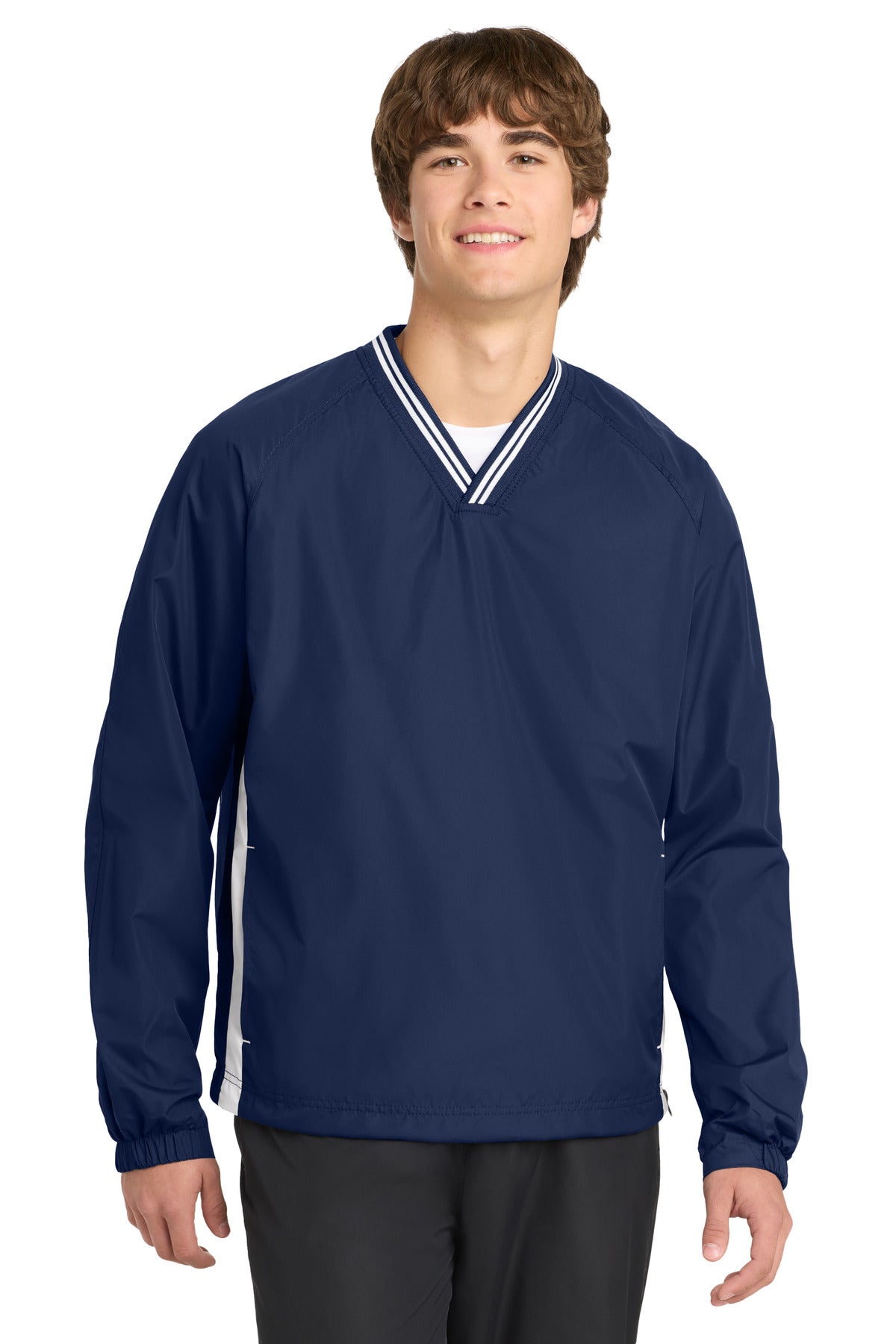 Sport-Tek Tipped V-Neck Raglan Wind Shirt. JST62 in True Navy/ White
